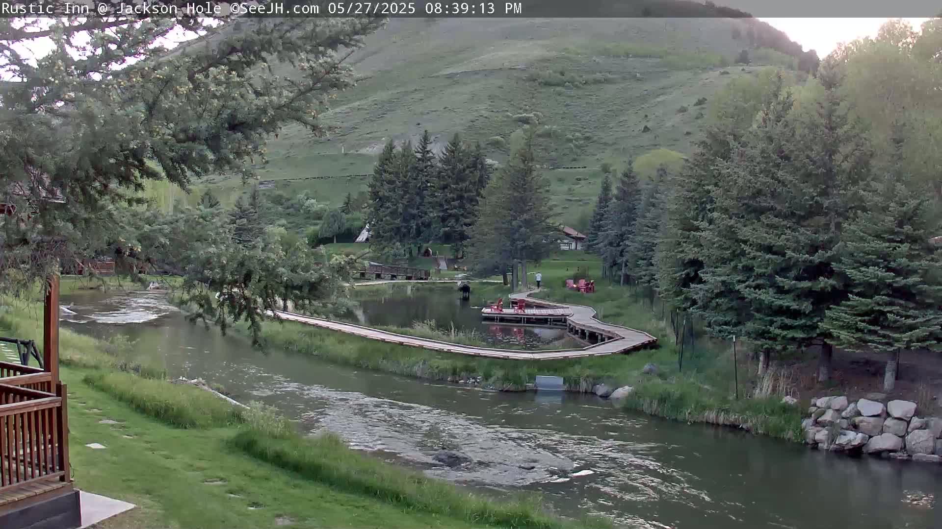 A river flows past a grassy area with a wooden boardwalk winding around a pond, nestled amongst evergreen trees and a hillside under a clear sky.