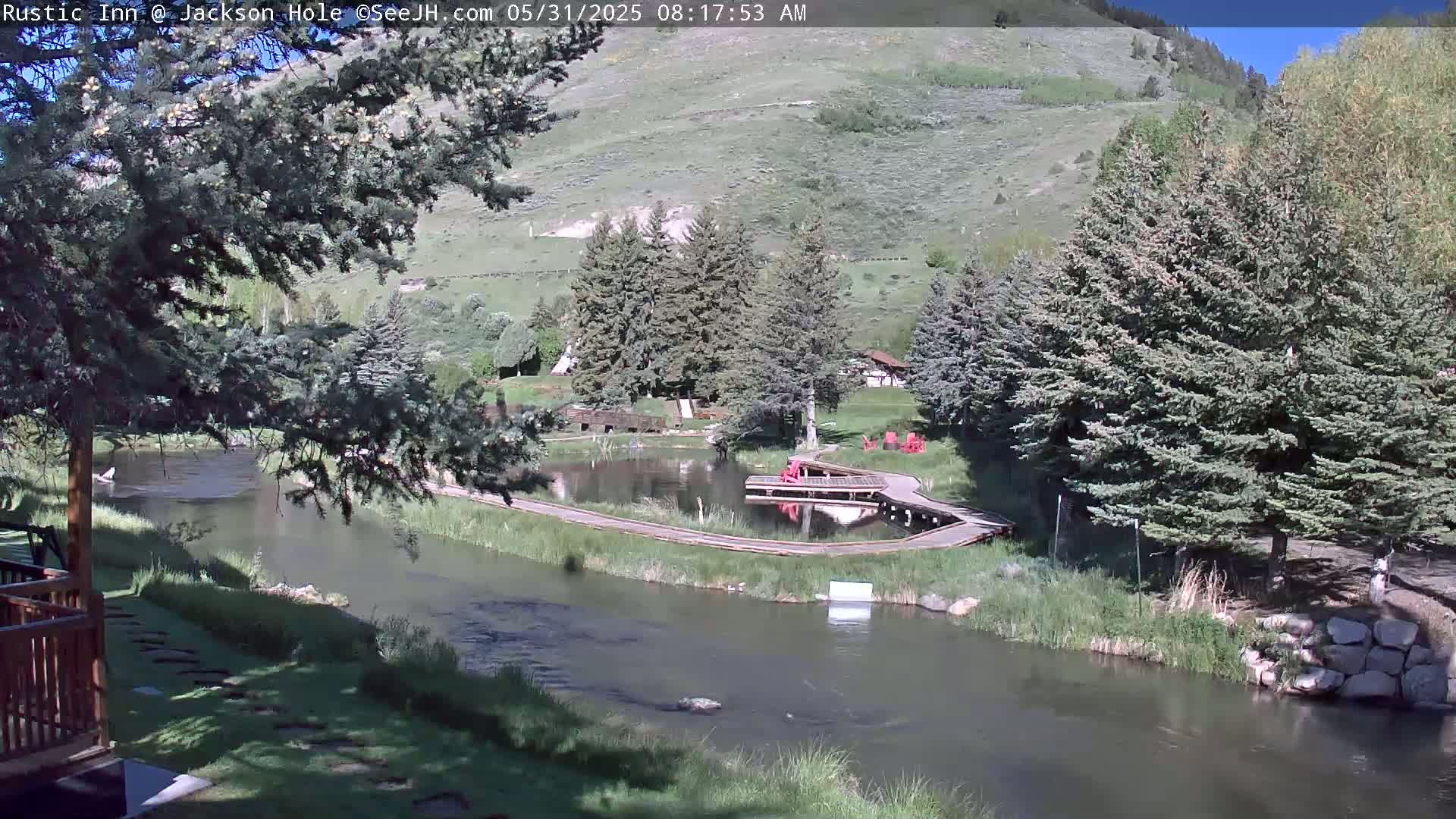A sunny view of a river flowing through a green landscape with trees, a small pond, and a wooden walkway.