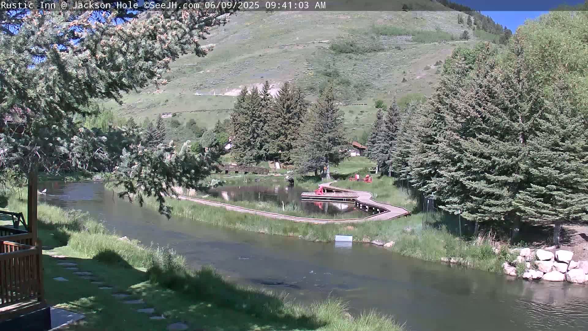 A tranquil river flows through a lush green valley under a sunny sky, alongside a boardwalk surrounding a small pond nestled among evergreen trees and a hillside.