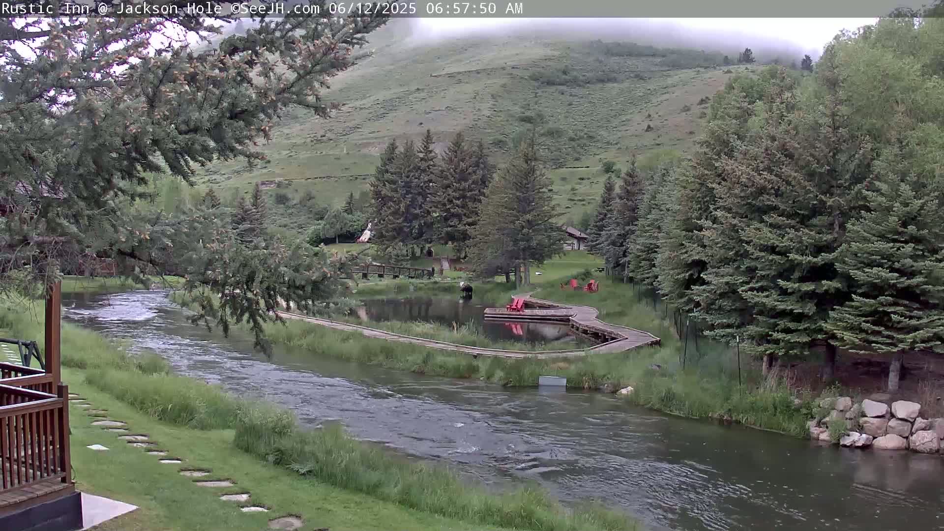 A river flows past a grassy area with a small pond and wooden walkways, surrounded by evergreen trees on a partly cloudy day.