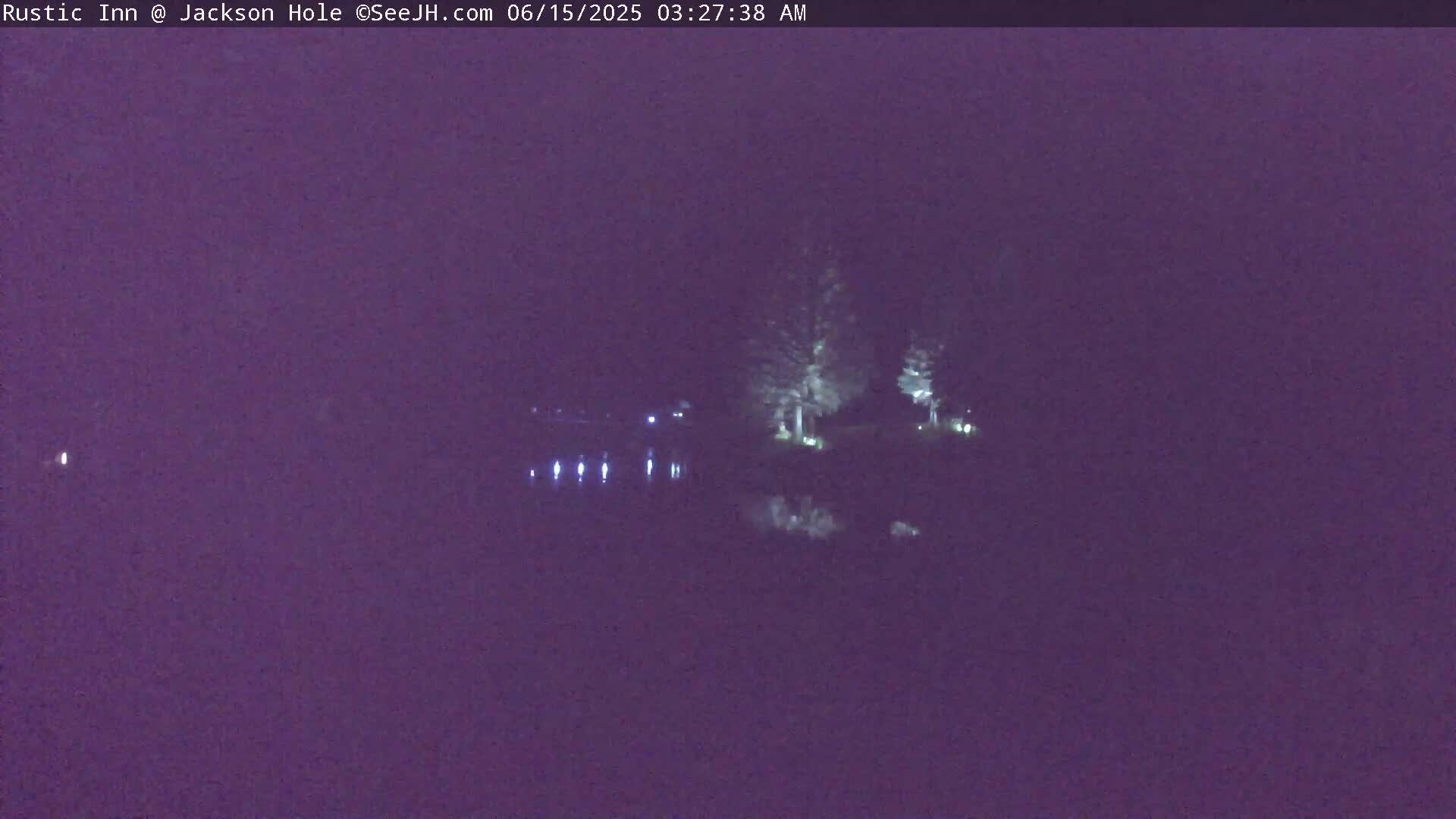 A dark, nighttime scene shows a body of water reflecting faint lights from across the shore, where some trees are illuminated.