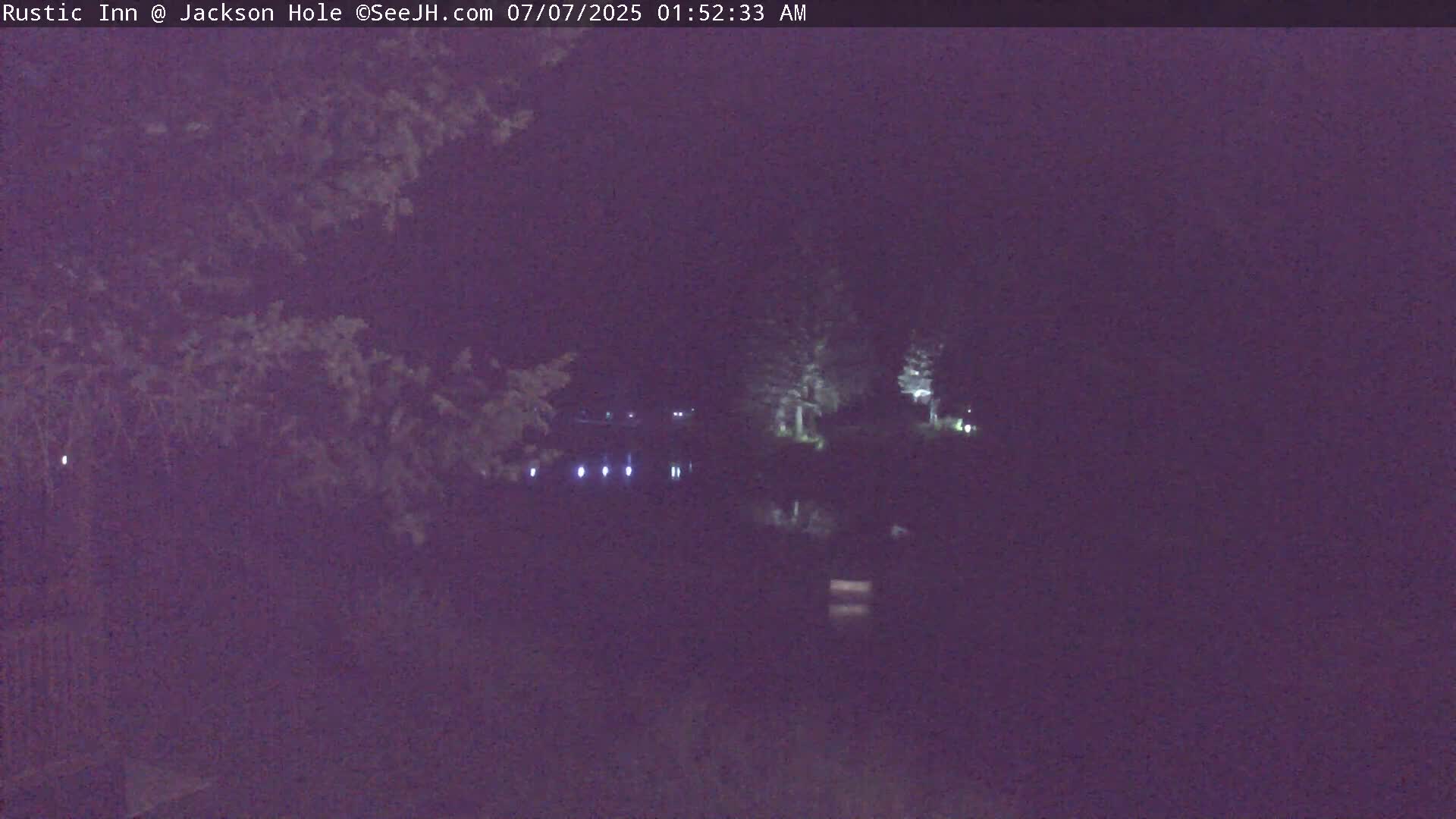 A nighttime view of a dark body of water surrounded by trees under a clear, dark sky.