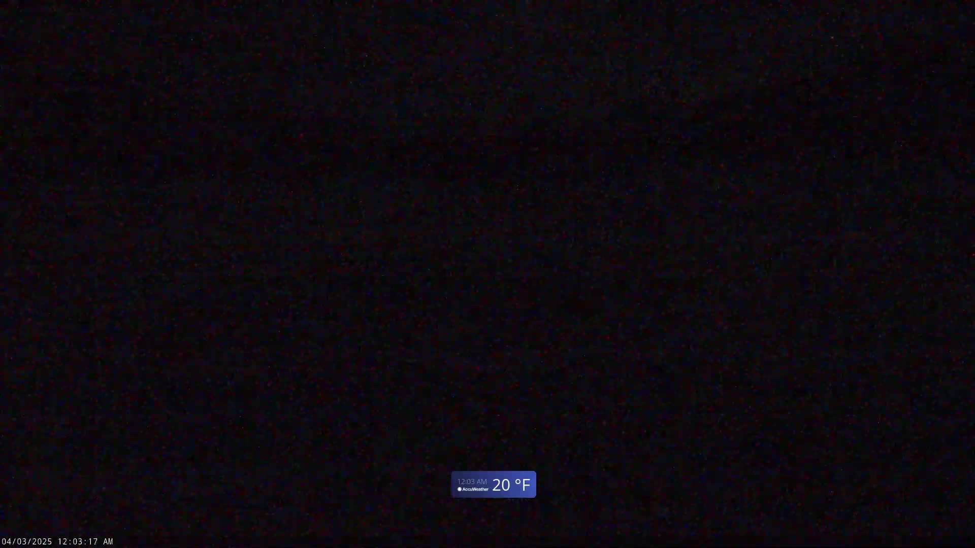 A nighttime outdoor scene shows a completely dark view with a temperature of 20°F.