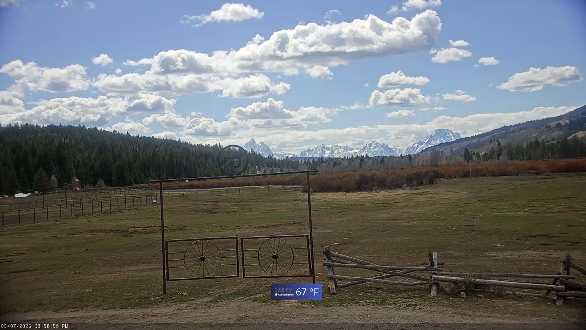 A partially cloudy sky overlooks a grassy field with a metal gate and split-rail fence, beyond which is a line of dark green trees and snow-capped mountains in the distance.
