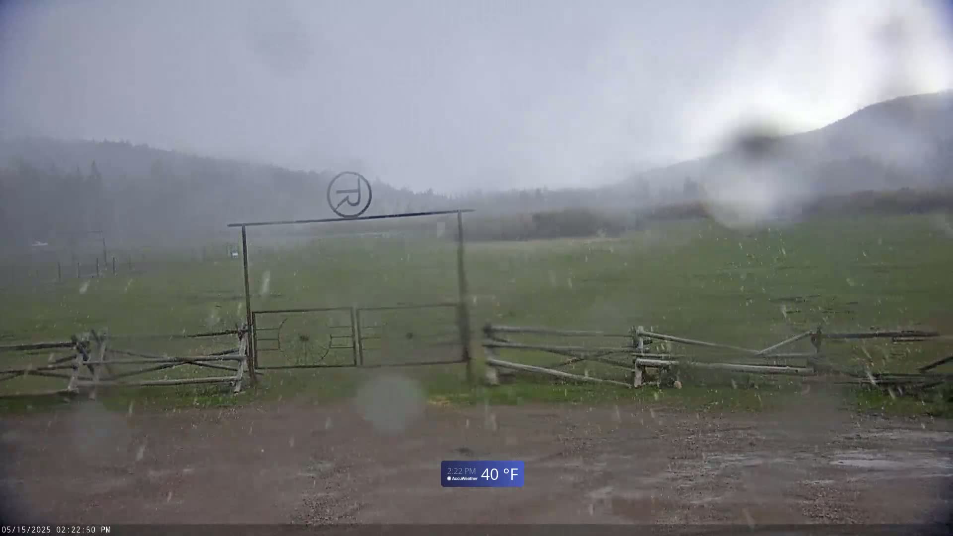 A metal gate with a circular brand sits in front of a grassy field during a heavy rainstorm.