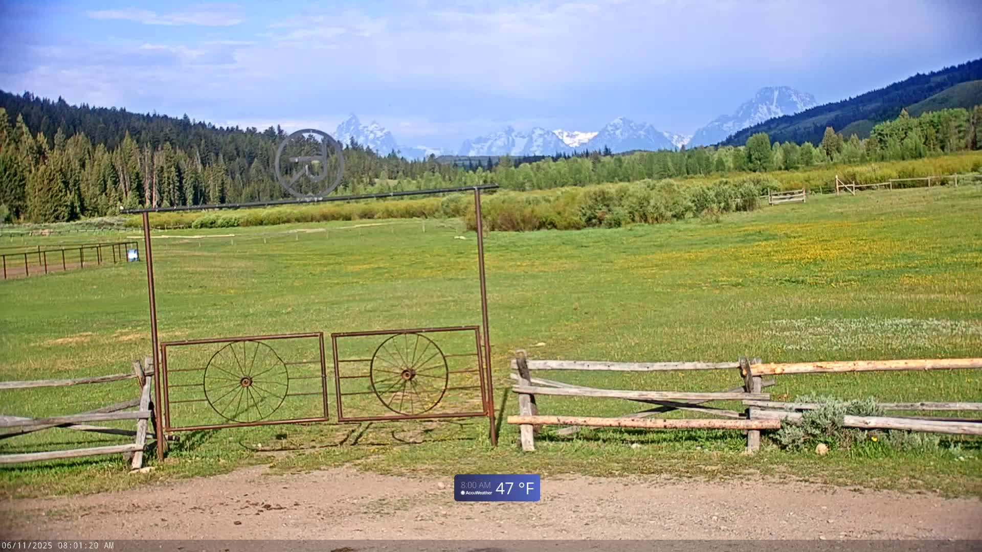 A rustic metal gate with wagon wheel designs sits in front of a split-rail fence, overlooking a grassy field speckled with yellow flowers and a mountain range under a partly cloudy sky.