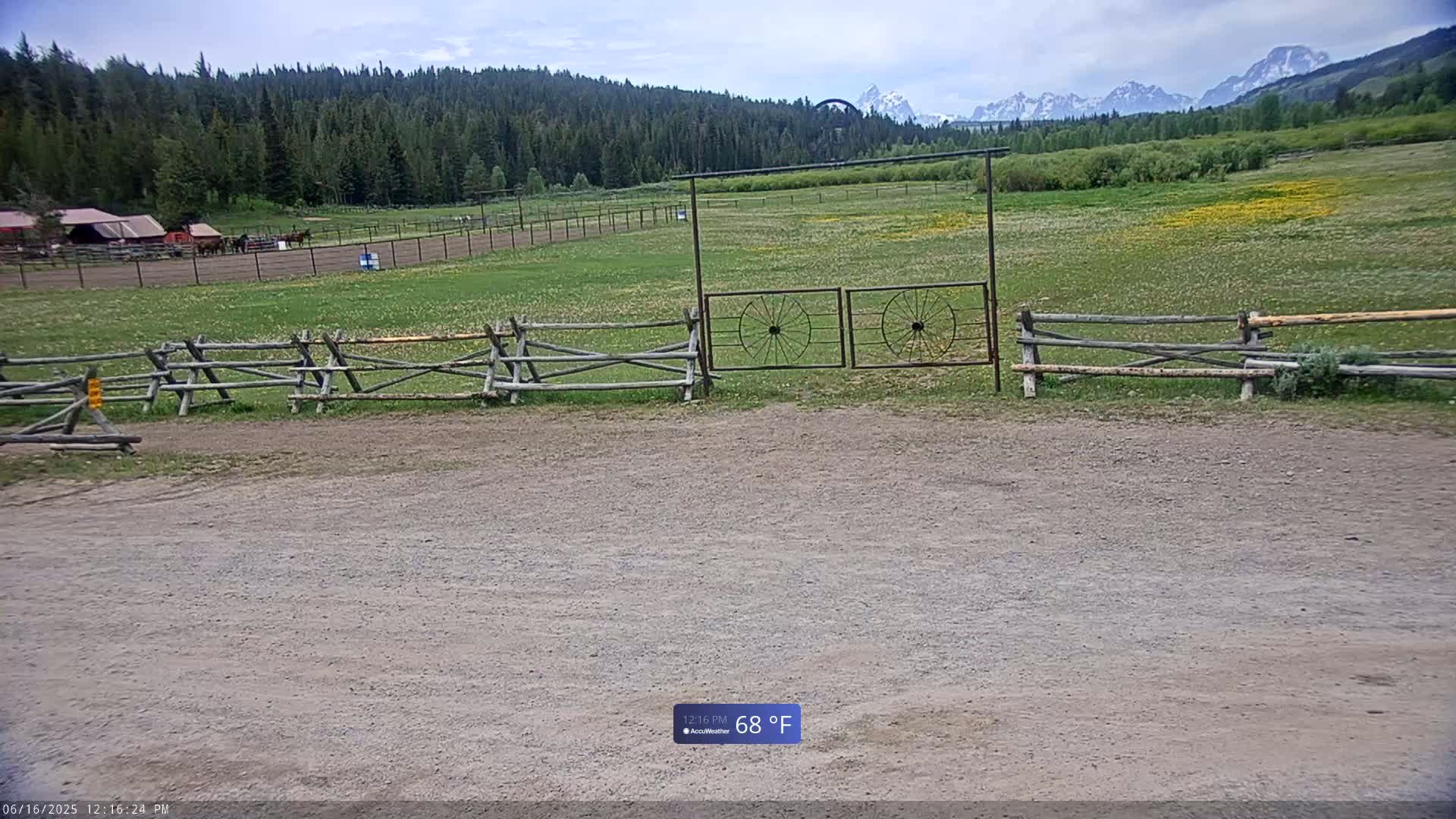 A gravel area is in front of a wooden split-rail fence and gate, beyond which is a grassy field, a line of trees, and mountains under a partly cloudy sky.