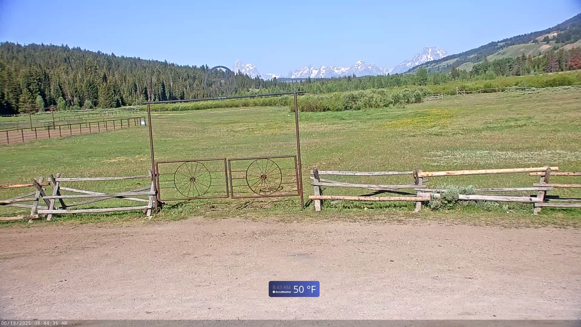 A grassy field with a wooden split-rail fence and a metal gate featuring wagon wheels,  backed by a forest and snow-capped mountains under a clear blue sky.