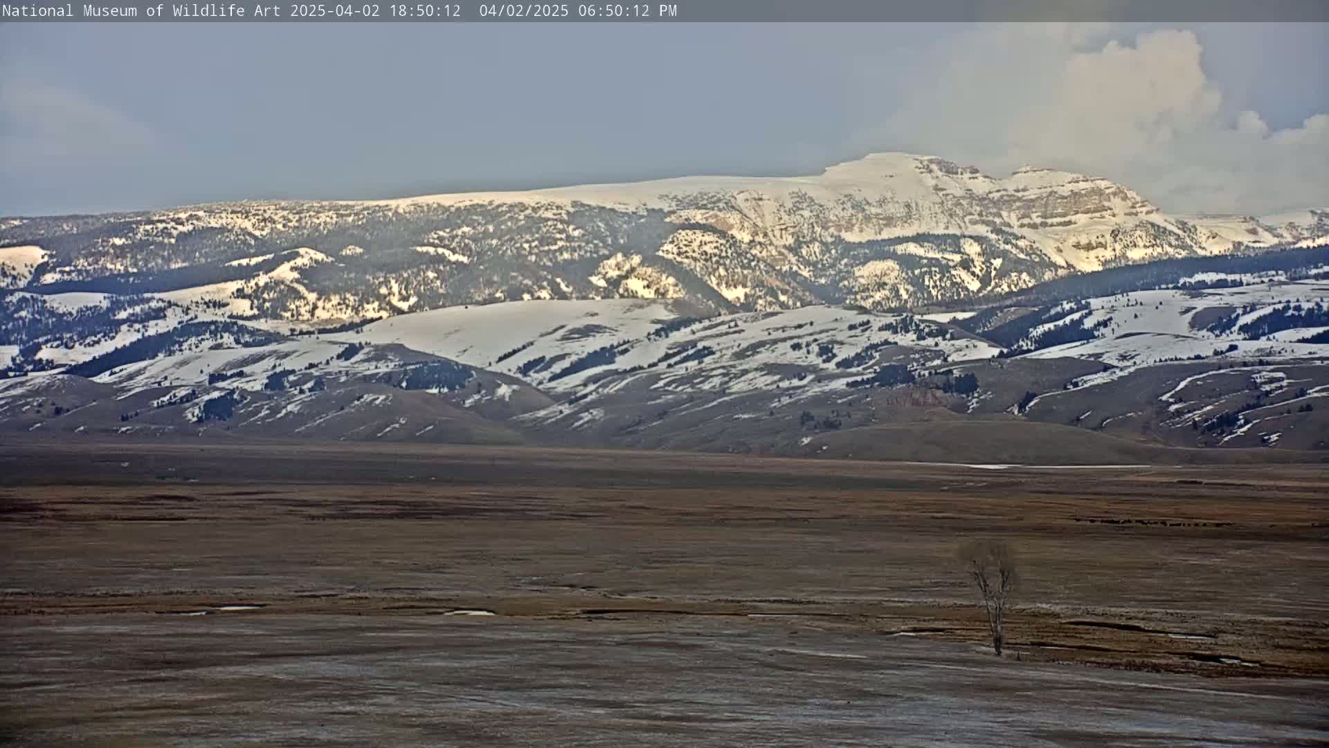 Snow-capped mountains rise in the distance above a flat, brown plain under a partly cloudy sky.