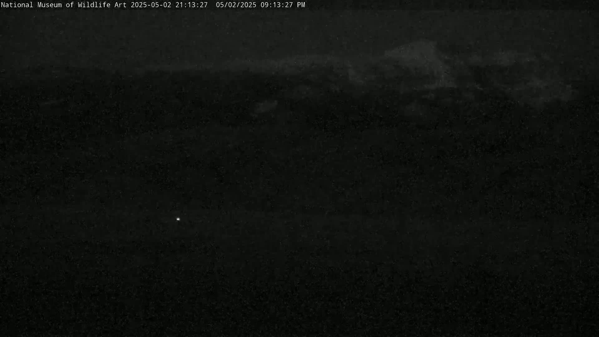 A dark, nighttime scene shows a faintly lit horizon with a few clouds and a single bright light in the distance.