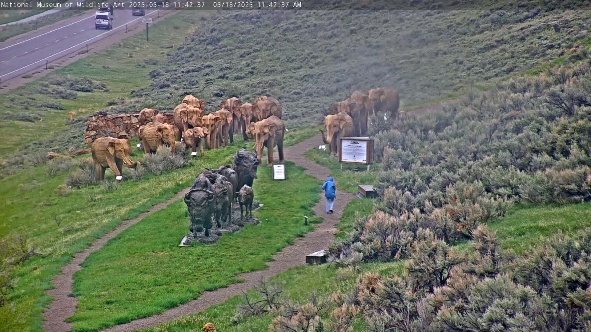 A person walks along a path past a collection of elephant and bison sculptures on a misty, grassy hillside overlooking a highway.