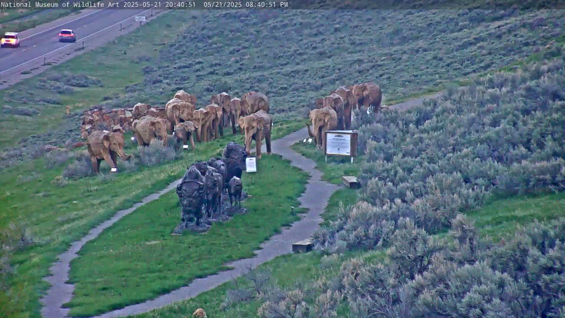 A paved pathway winds through a grassy area with sculptures of elephants and bison, near a highway under a twilight sky.