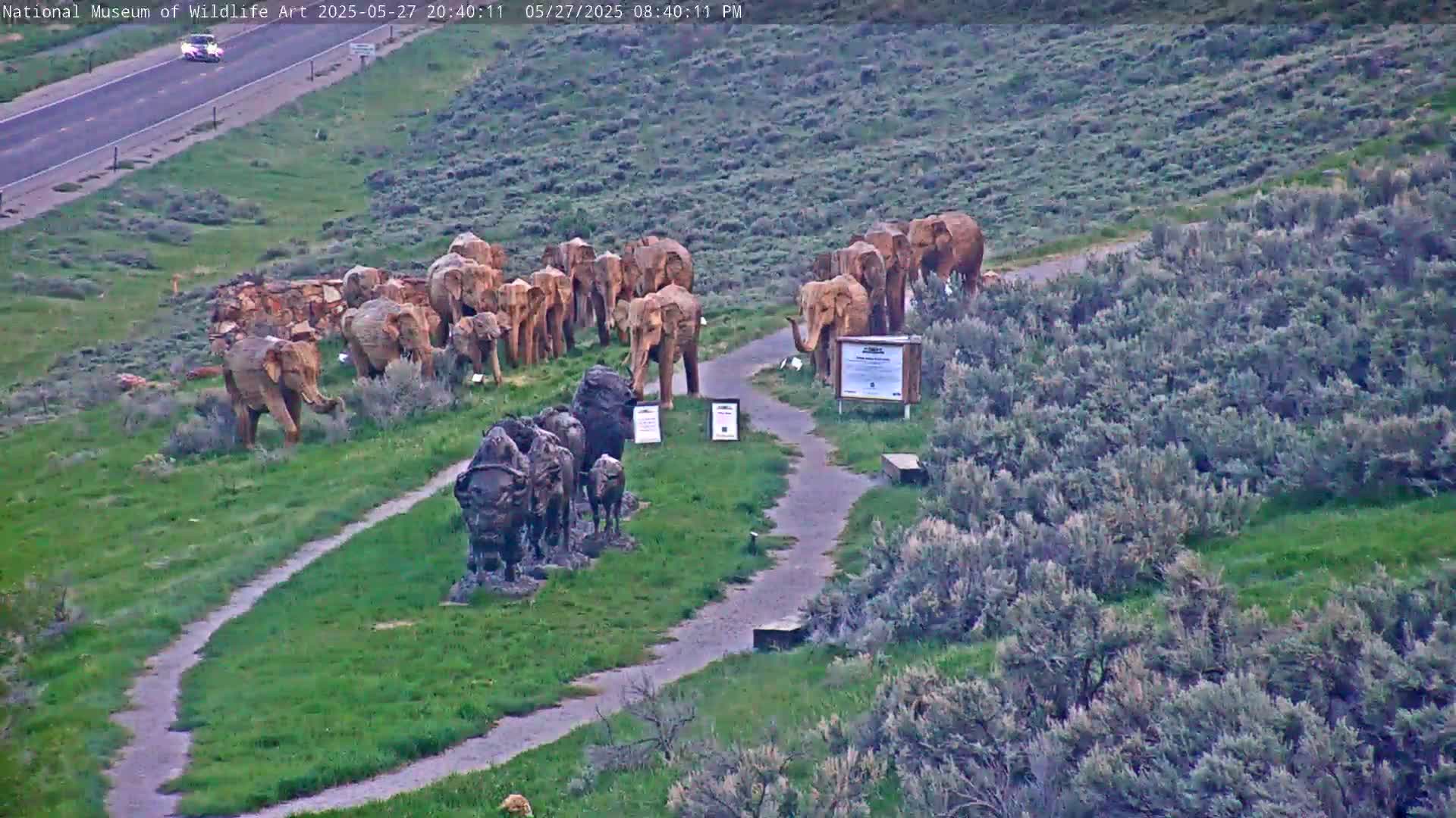 A winding path leads through a grassy area with numerous elephant and bison sculptures, near a highway under a twilight sky.