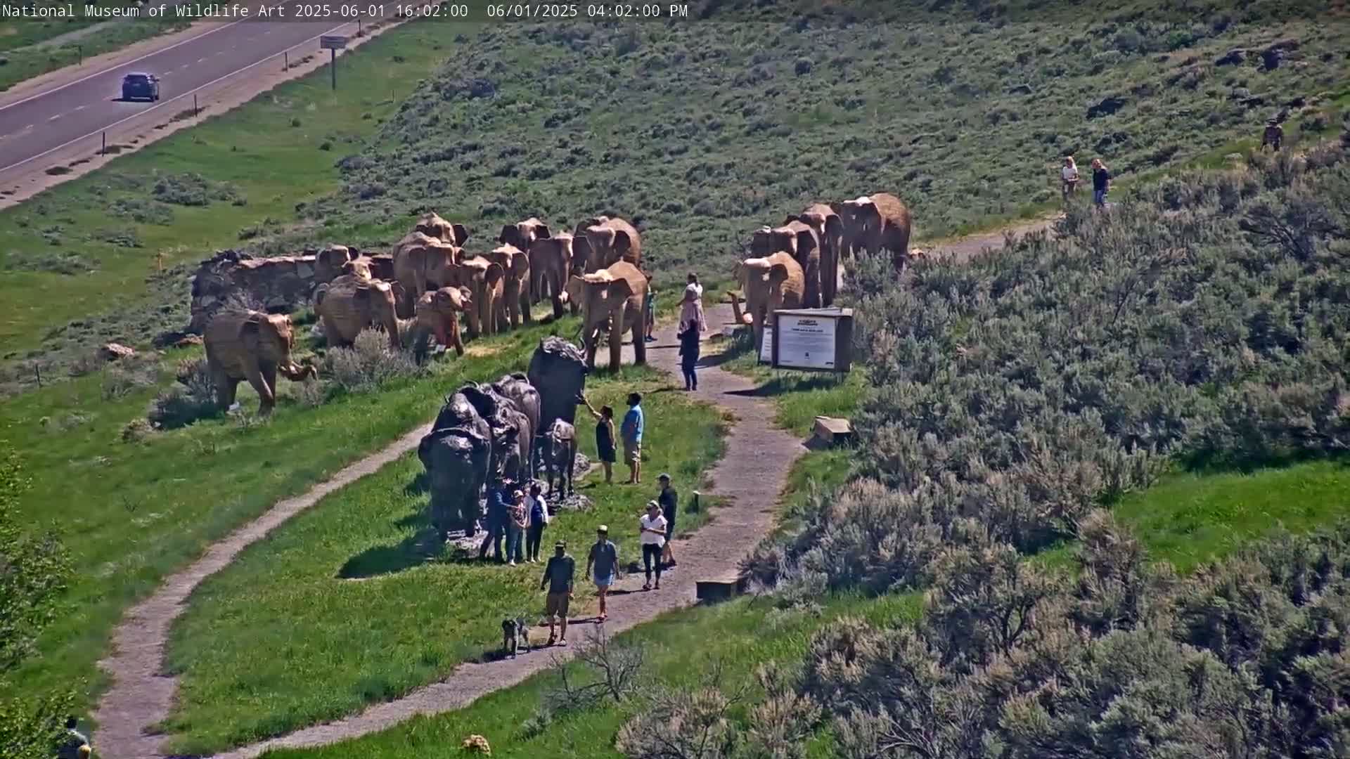 A hillside path winds past two groups of elephant statues, with several people walking along the path on a sunny day.