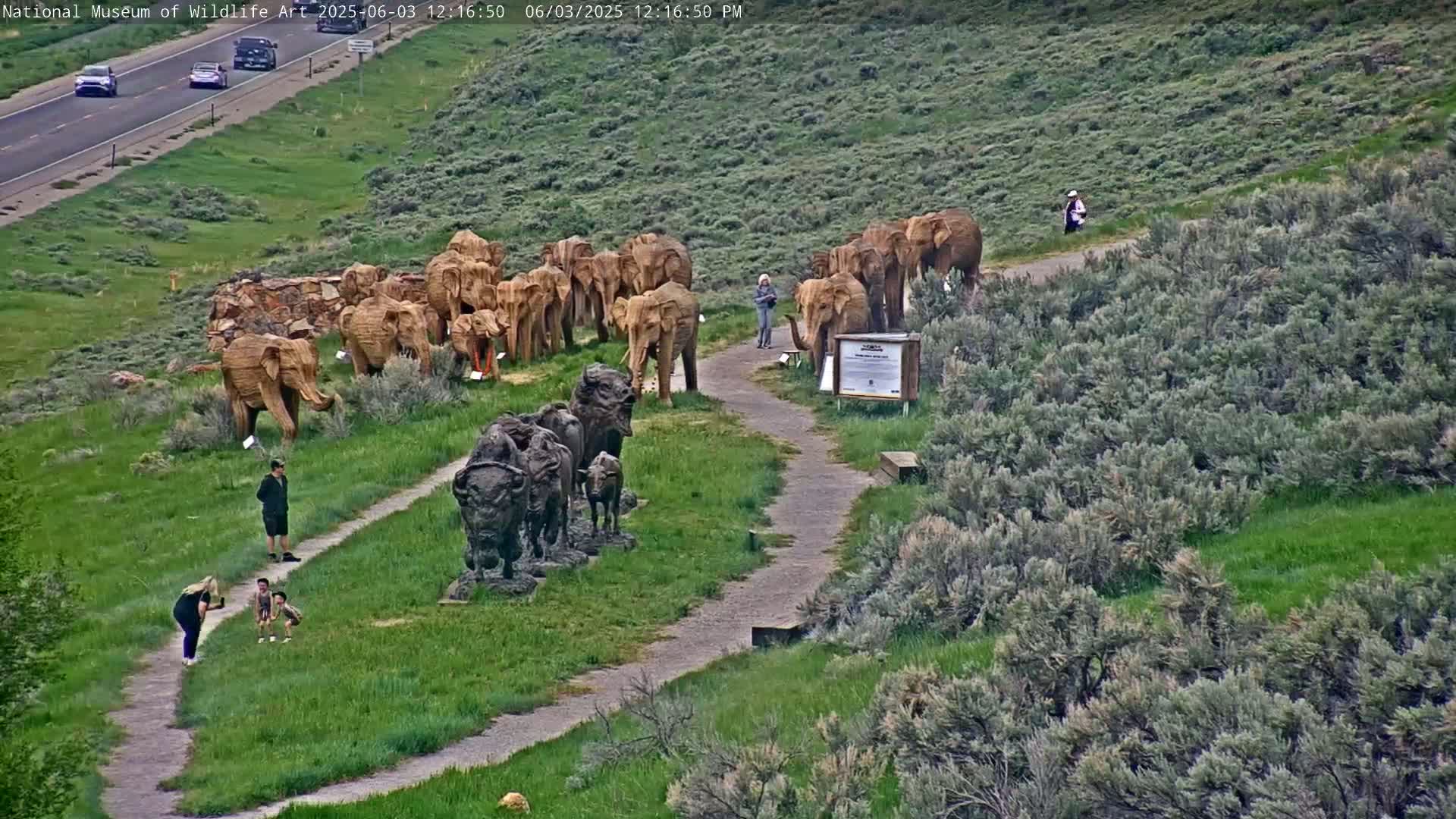 A winding path leads to several wood carvings of elephants and bison, with people observing them in a grassy area next to a highway under a partly sunny sky.