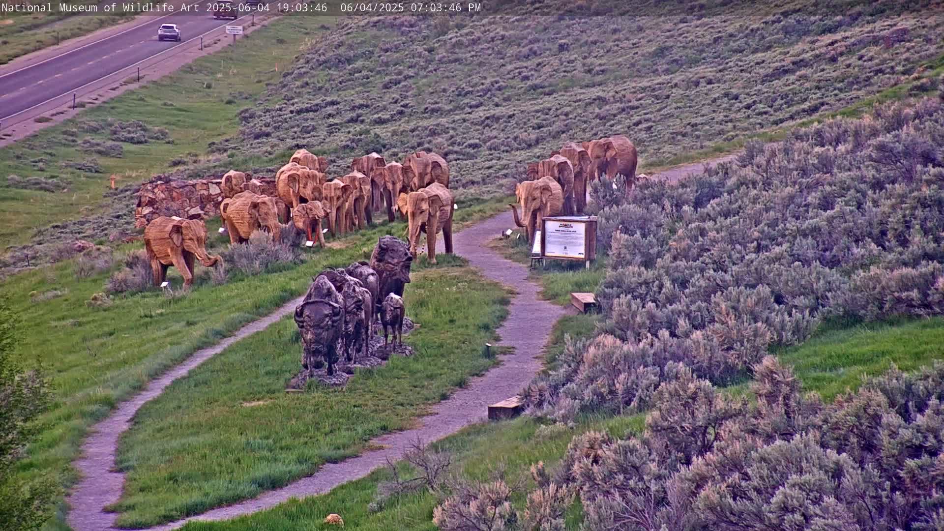 A winding pathway leads to several wooden elephant sculptures and a grouping of bronze bison sculptures, all situated on a grassy hillside under a partly cloudy sky.