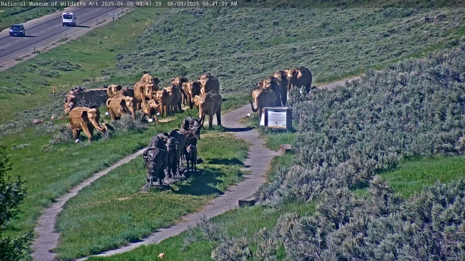 A paved path winds through a grassy area with numerous elephant and bison sculptures, near a highway on a sunny day.