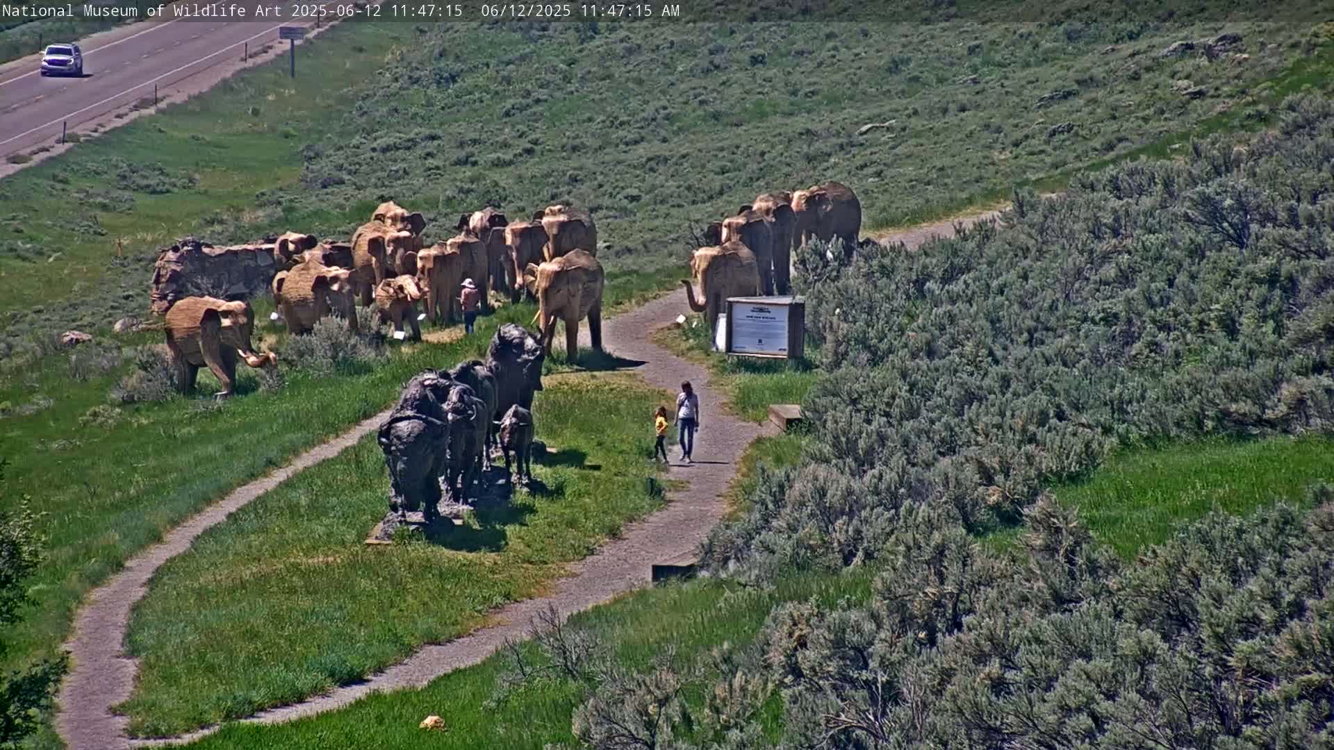 A sunny outdoor scene shows a pathway winding through grassy land, past several large sculptures of elephants and bison, with two people walking on the path.