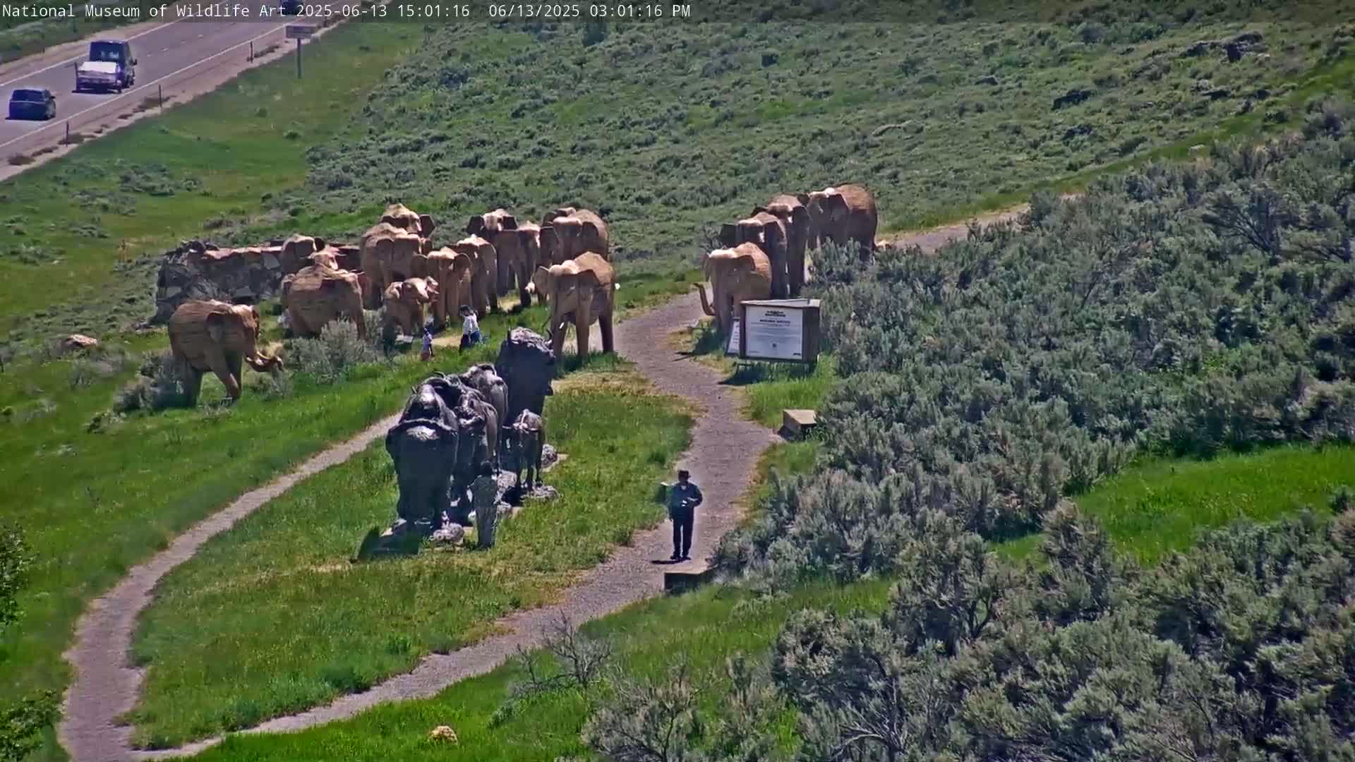 A person walks on a path next to several large elephant and buffalo sculptures in a grassy area on a sunny day, with a highway visible in the background.