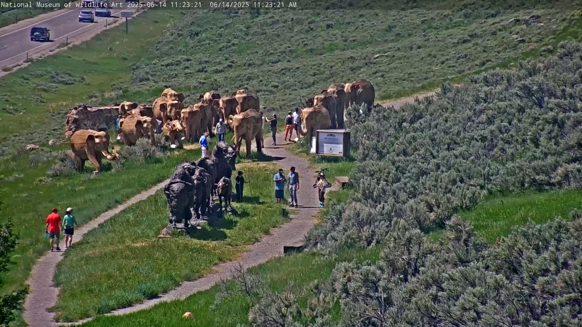A sunny outdoor scene shows a winding path leading to several large elephant and bison sculptures, with people walking along the path and observing the art.