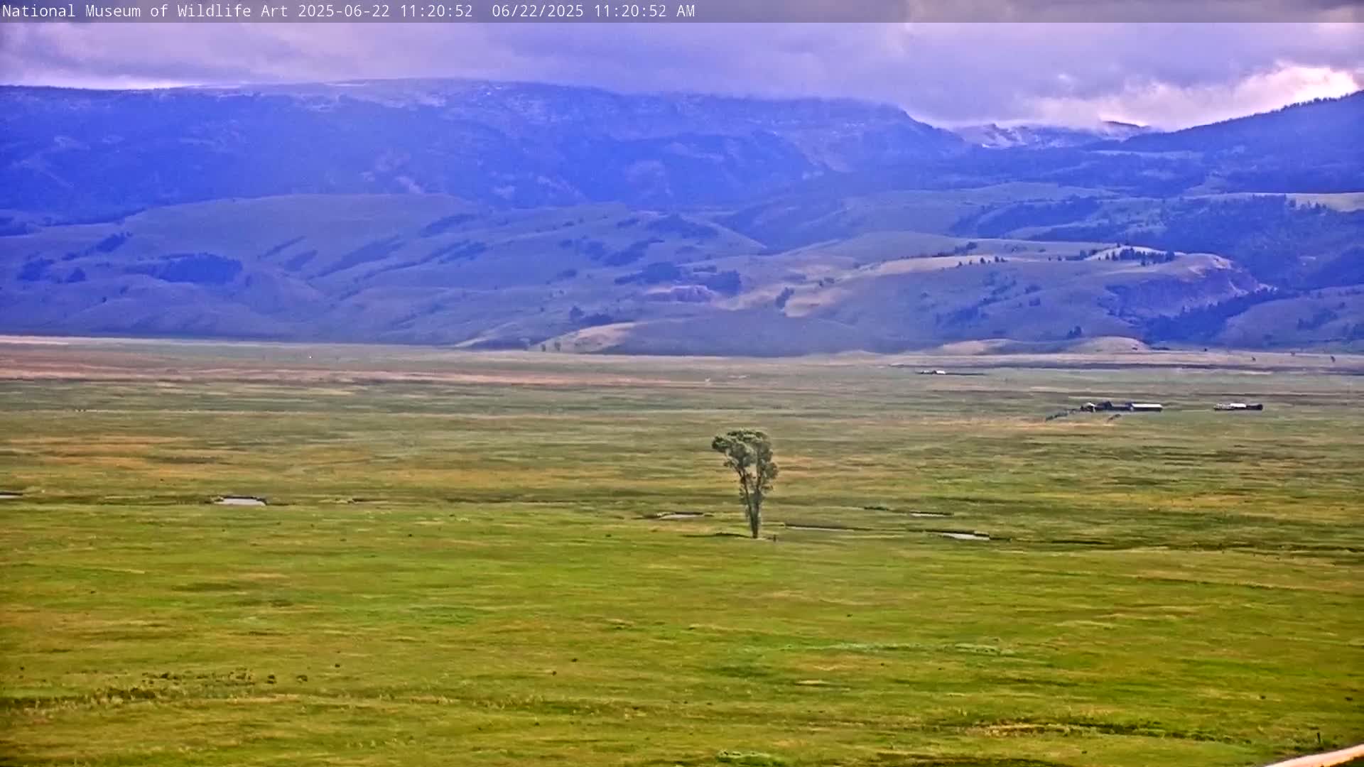 A vast, green plain stretches to a range of blue-toned mountains under a partly cloudy sky.