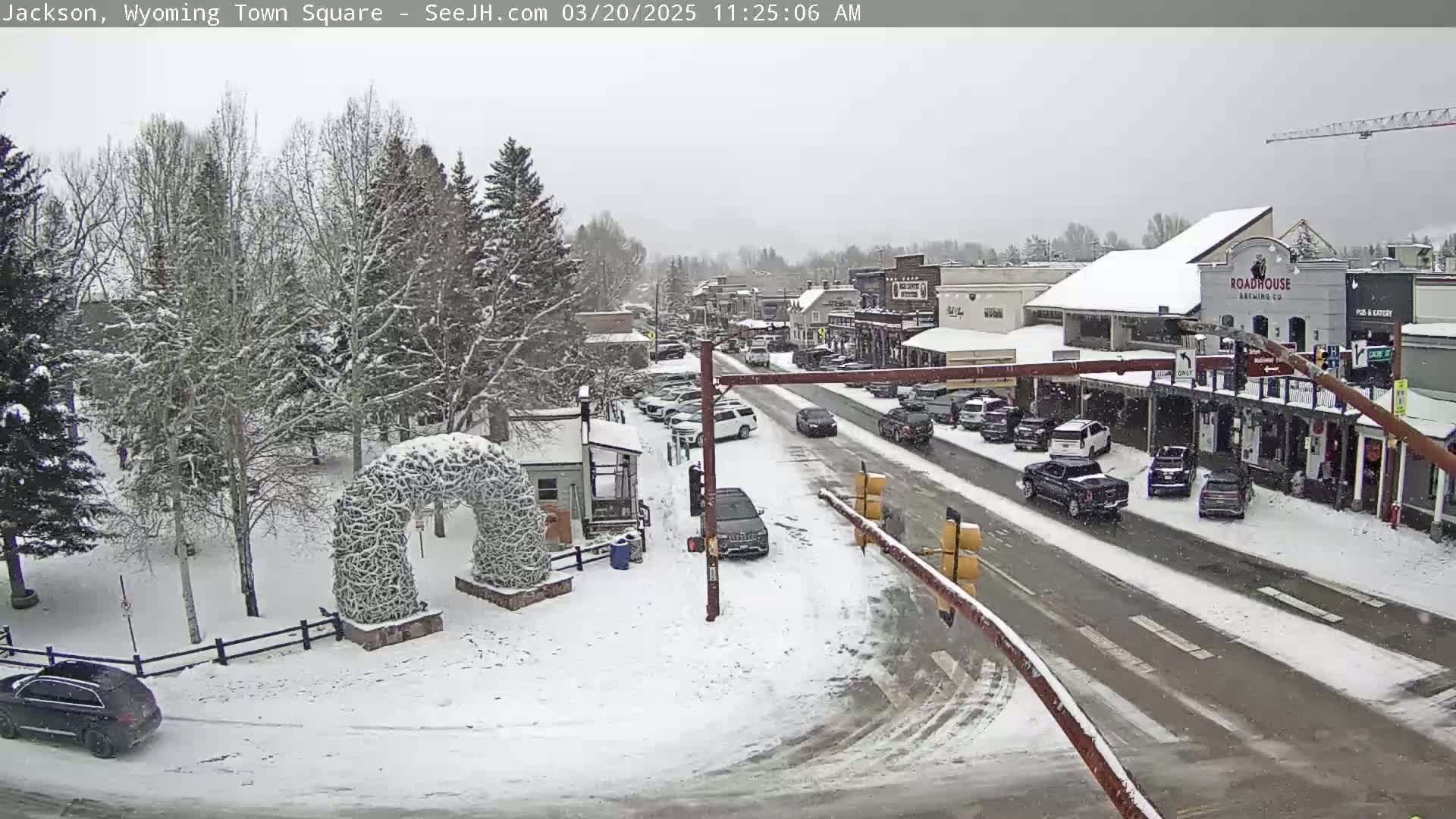 A snow-covered town square with cars parked along a street and a snow-covered archway in the foreground during a light snowfall.