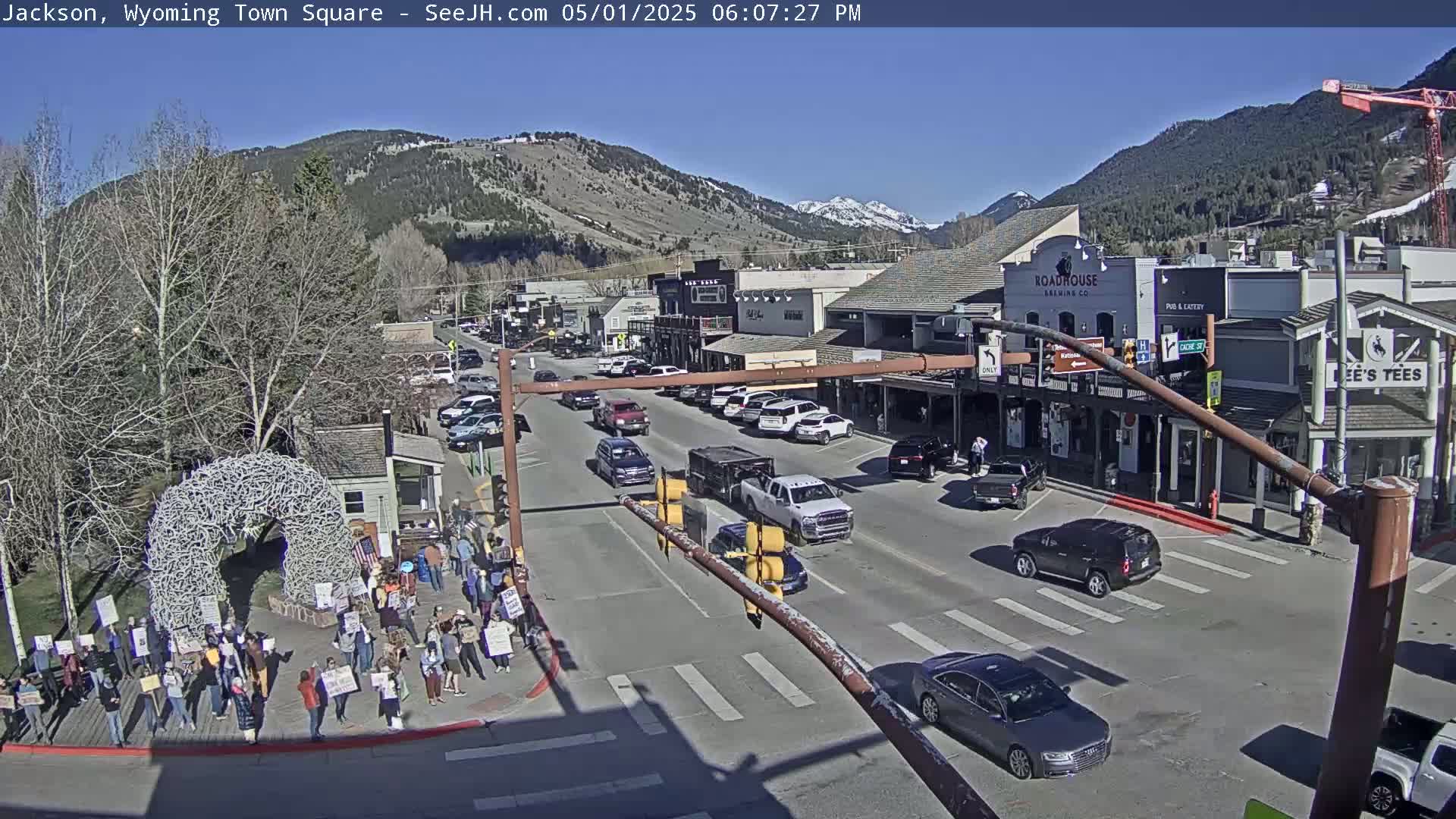 A sunny day in a town square, with a crowd of people holding signs near an antler archway, and cars driving on a street lined with buildings against a backdrop of mountains.