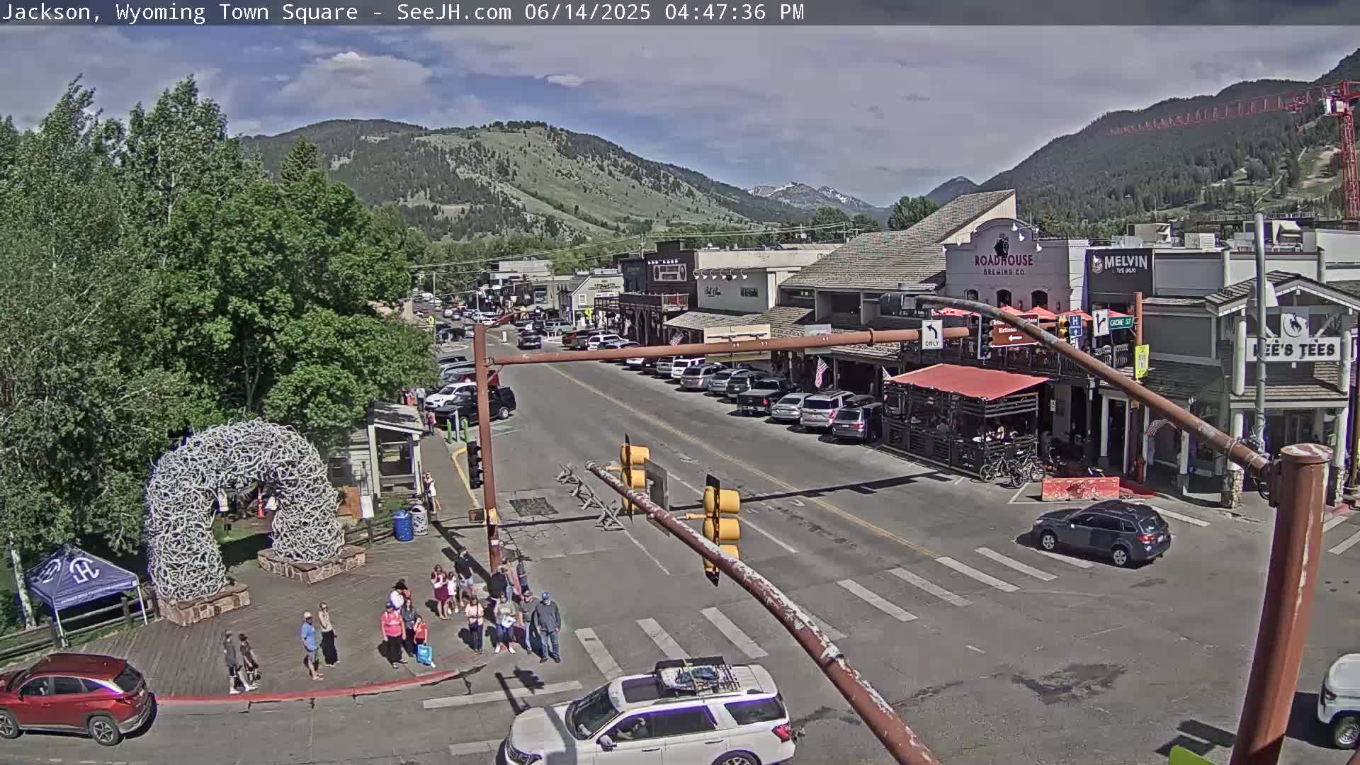 A large crowd of people holding signs stands at a town square intersection on a sunny day, with cars driving past and buildings lining the street, backed by mountains.