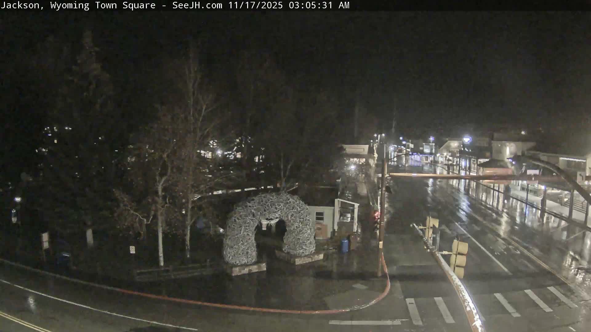 The wet streets of a town square reflect the lights on a dark, rainy night, featuring a prominent antler arch, bare trees, and surrounding buildings.