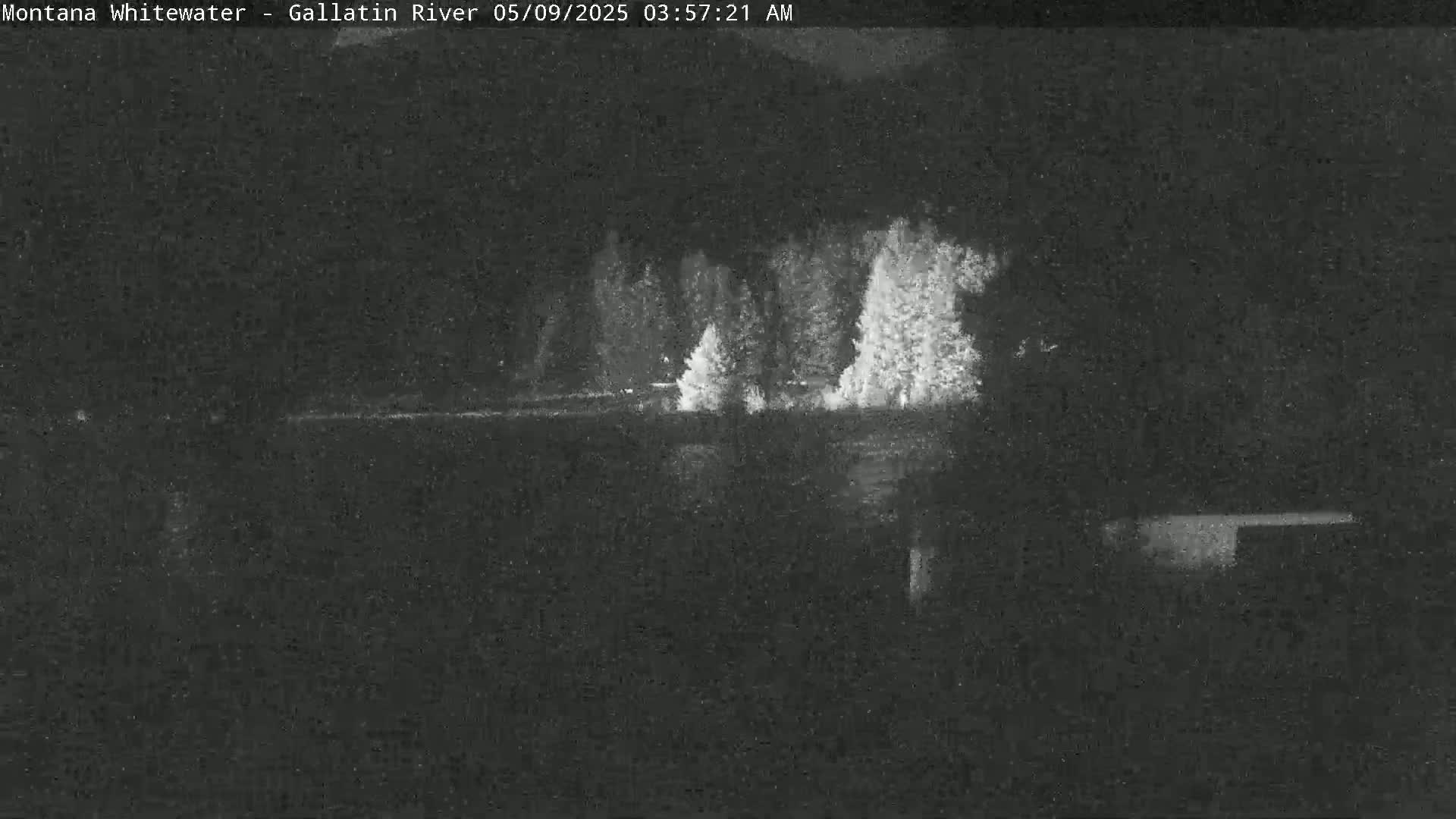 A nighttime, low-light image shows a dark body of water with trees on the opposite bank.