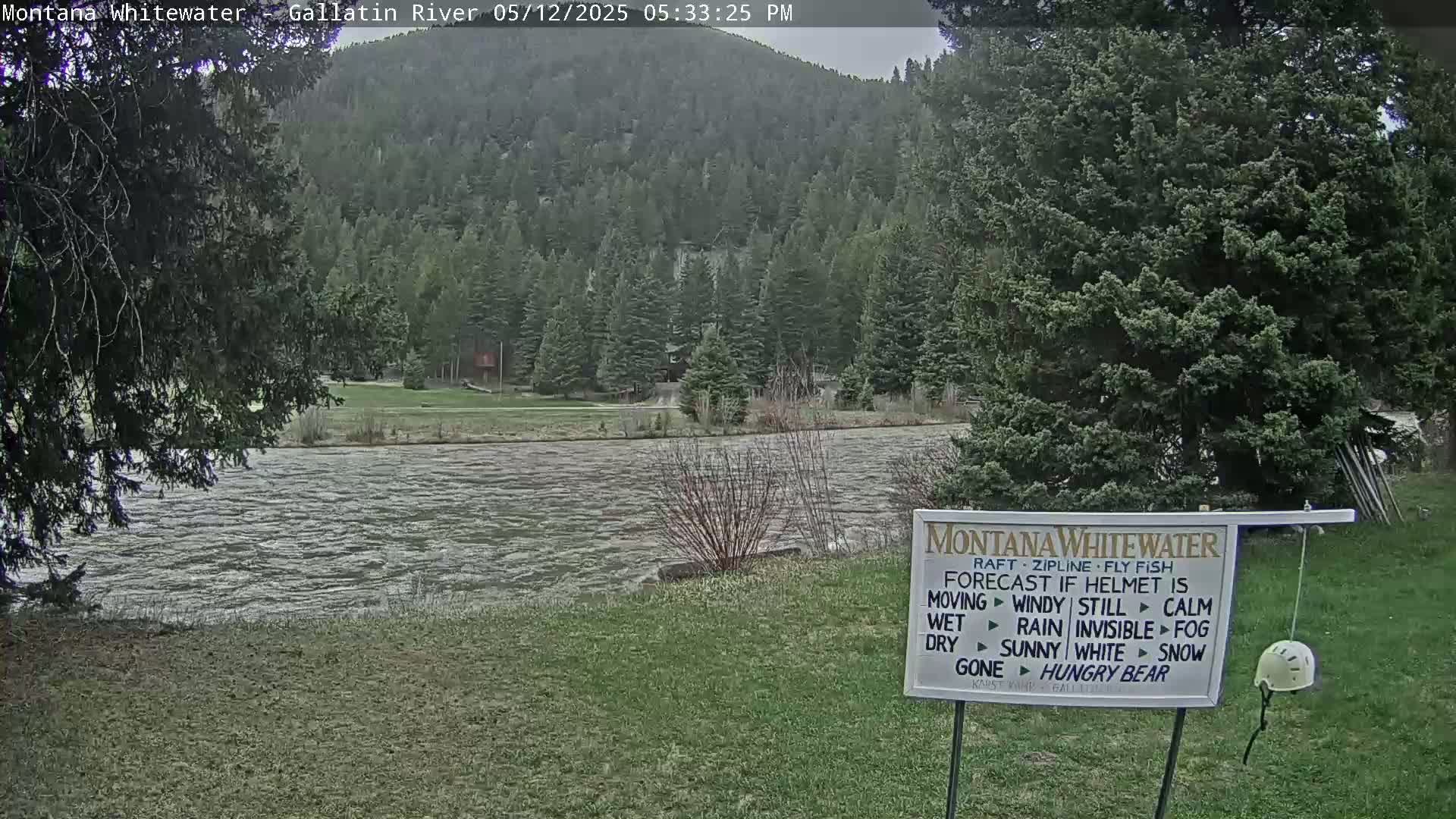 A somewhat overcast view of a river flowing past a grassy bank, with evergreen trees and hills in the background.