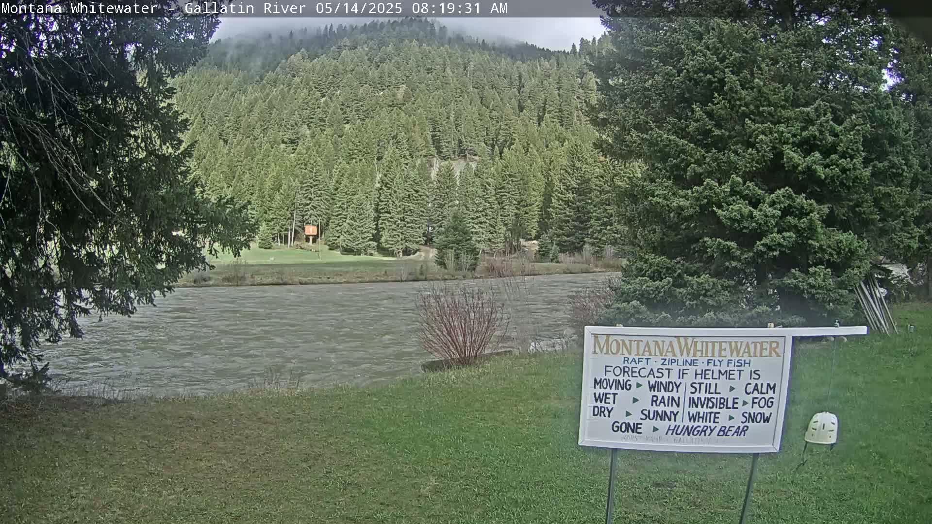 A wide, grayish-brown river flows past a grassy bank beneath a partly cloudy sky, with evergreen trees covering the hills in the background.
