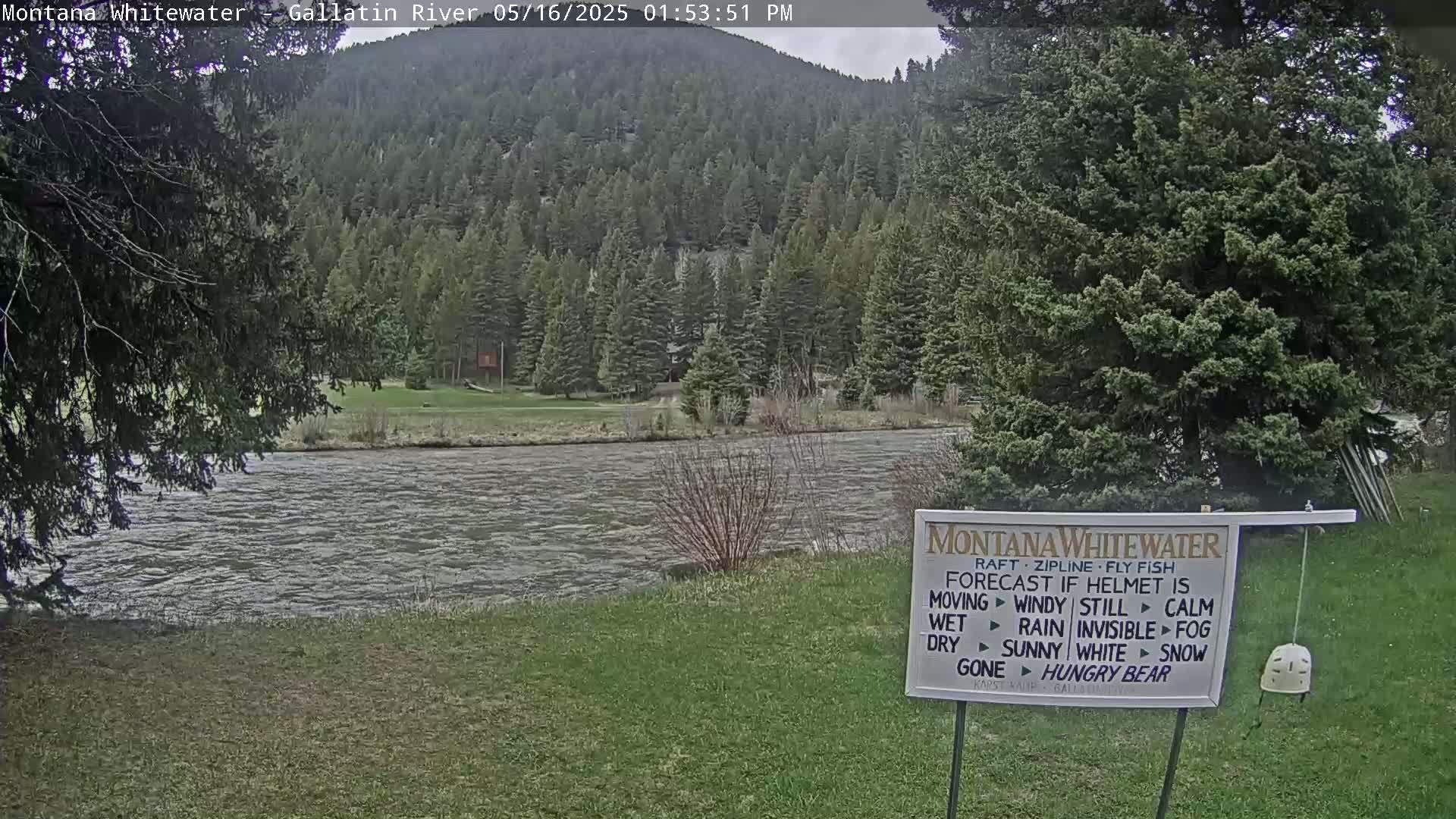 A calm river flows in front of a lush green hillside covered with evergreen trees under a cloudy sky.