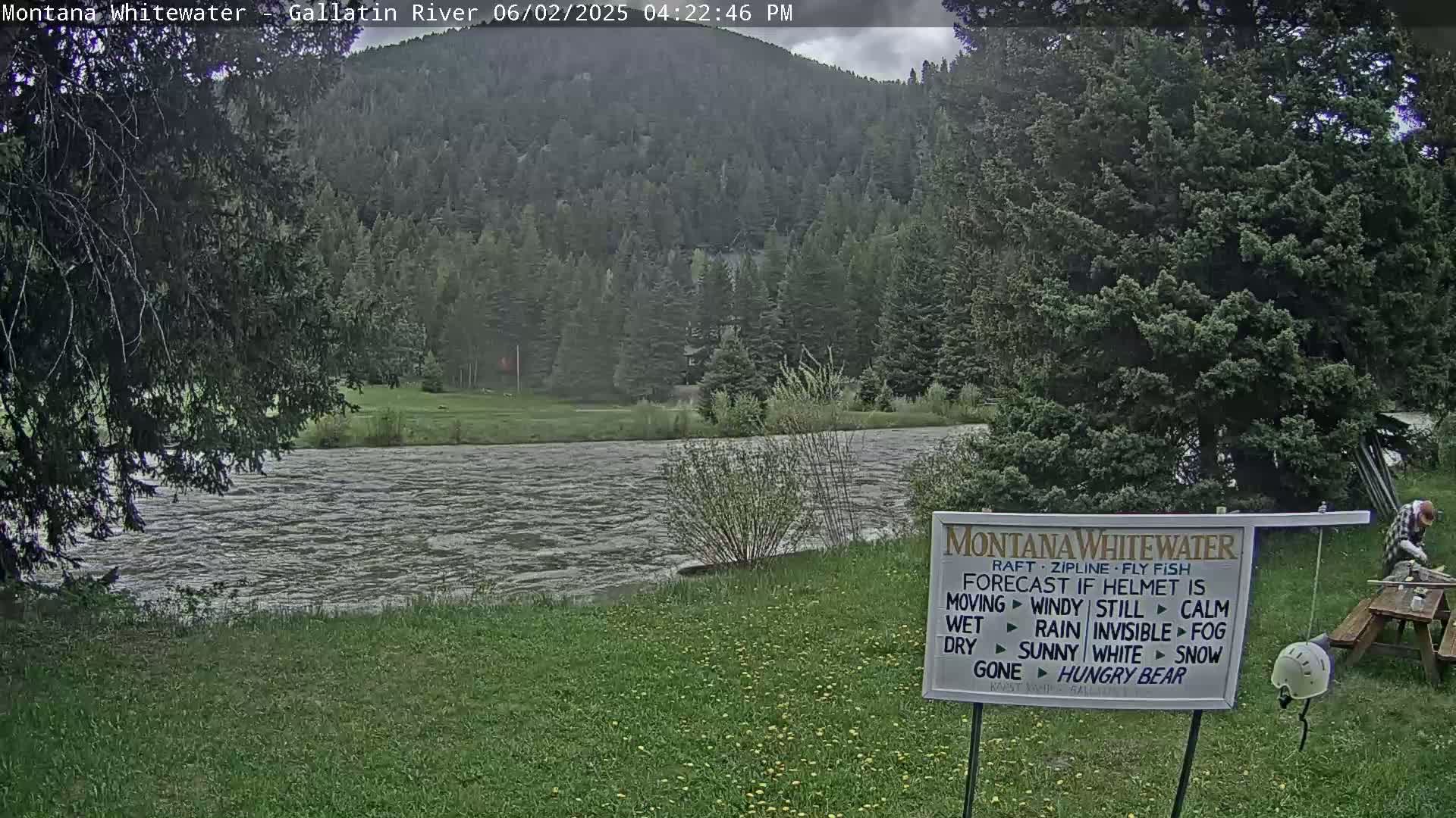 A cloudy day shows a rushing river flowing past grassy banks and lush green trees, with a forested hillside in the background.