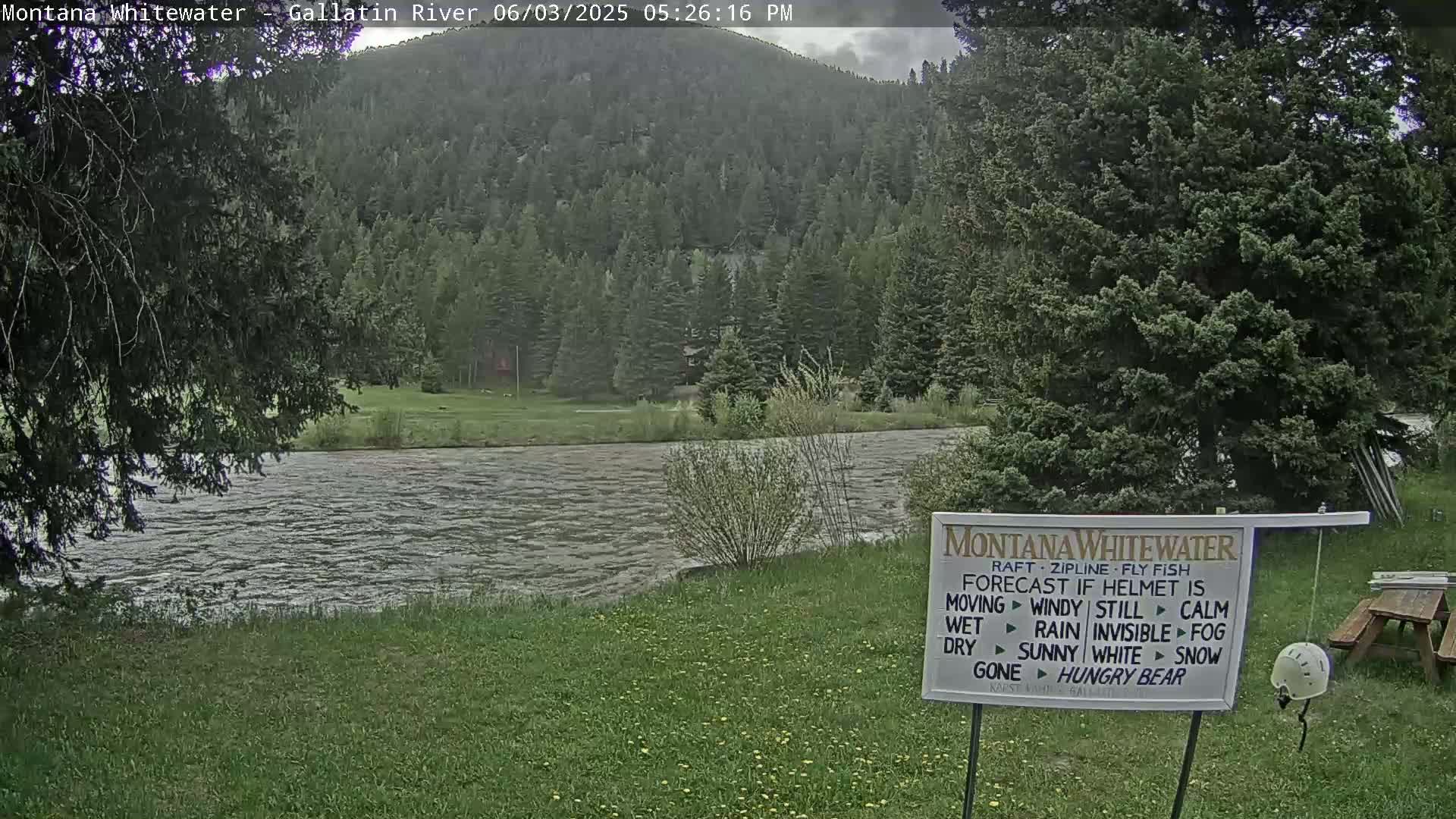 A river flows under an overcast sky past a grassy bank lined with trees and a forested hill in the background.