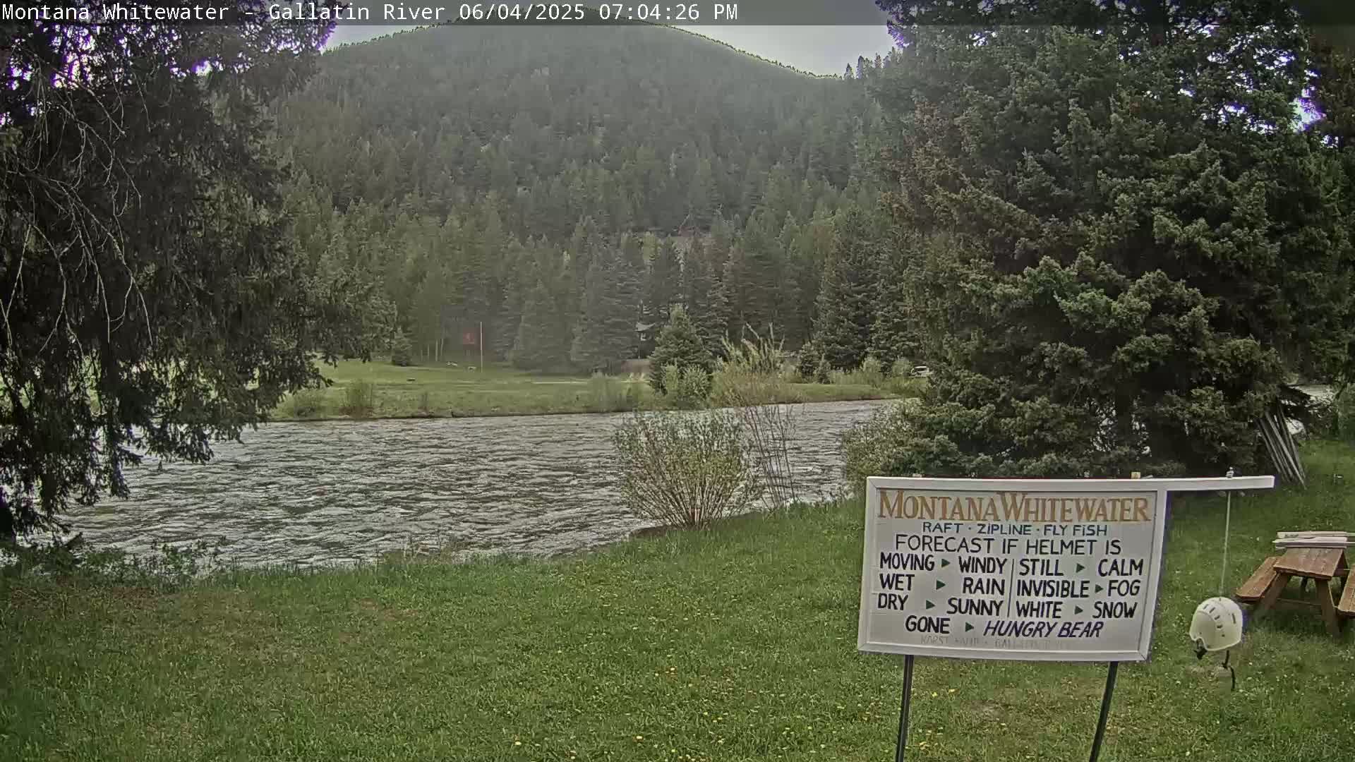 A river flows under an overcast sky past a grassy bank and forested hillside.