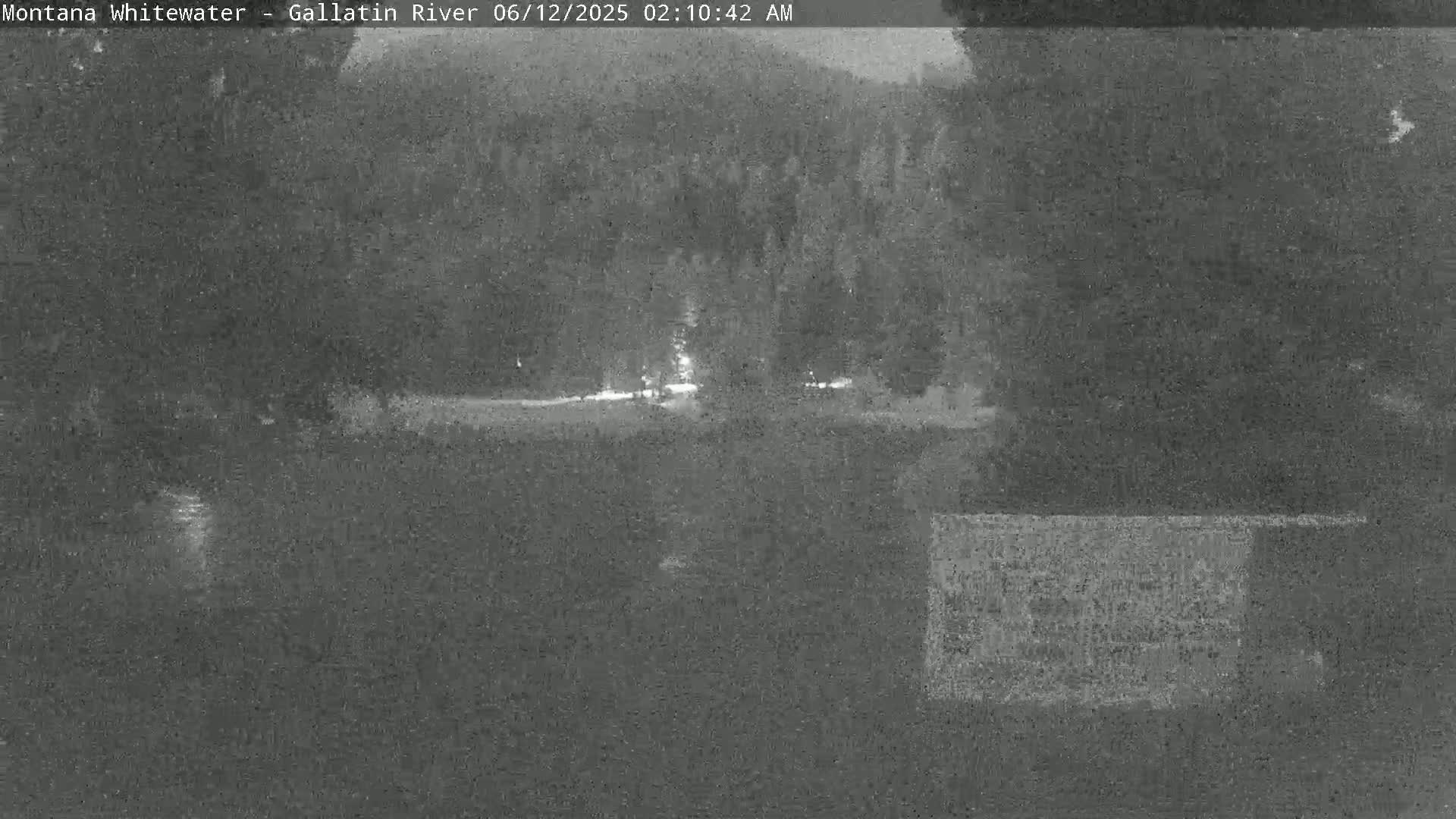 A nighttime, low-light view of a road and trees under a dark sky.
