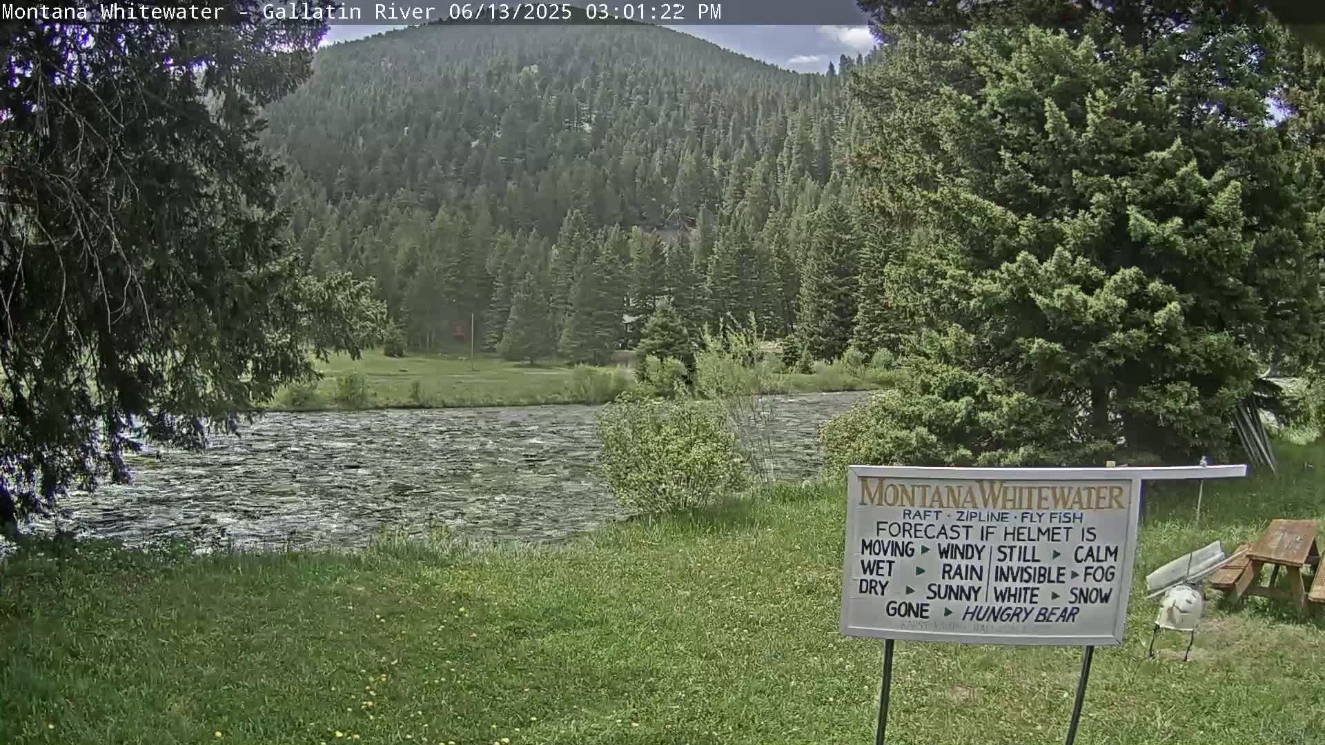 A partly cloudy day shows a gently flowing river bordered by green grass and lush evergreen trees on a hillside.