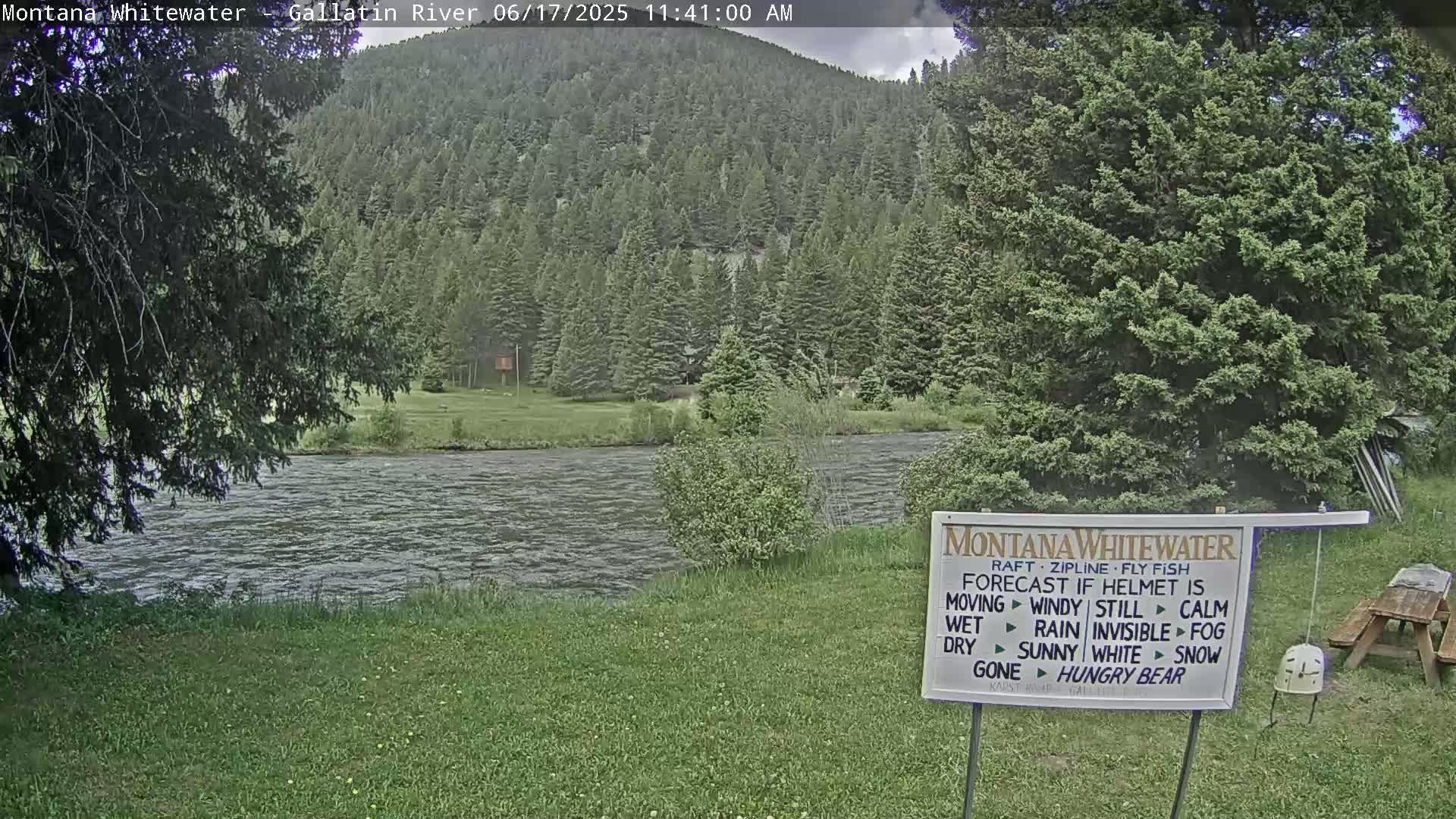 A calm river flows beneath a verdant hillside covered in evergreen trees under a partly cloudy sky.