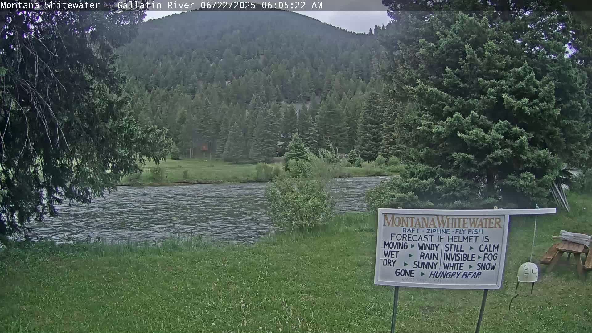 A calm river flows past a grassy bank, with lush green trees and a hill in the background under an overcast sky.