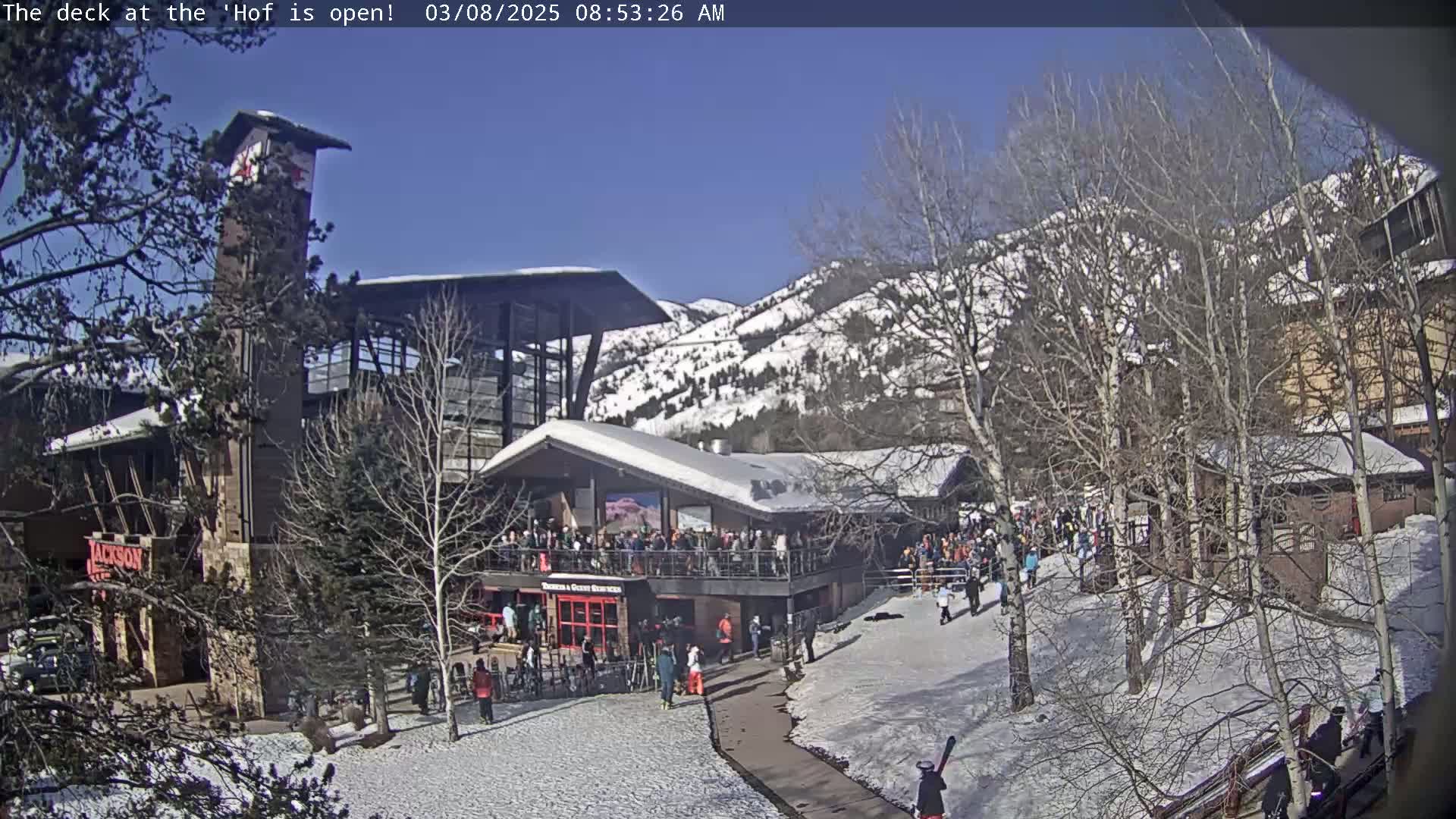A sunny day shows a crowded outdoor deck at a ski resort, situated among snow-covered ground and bare trees, with snow-capped mountains in the background.