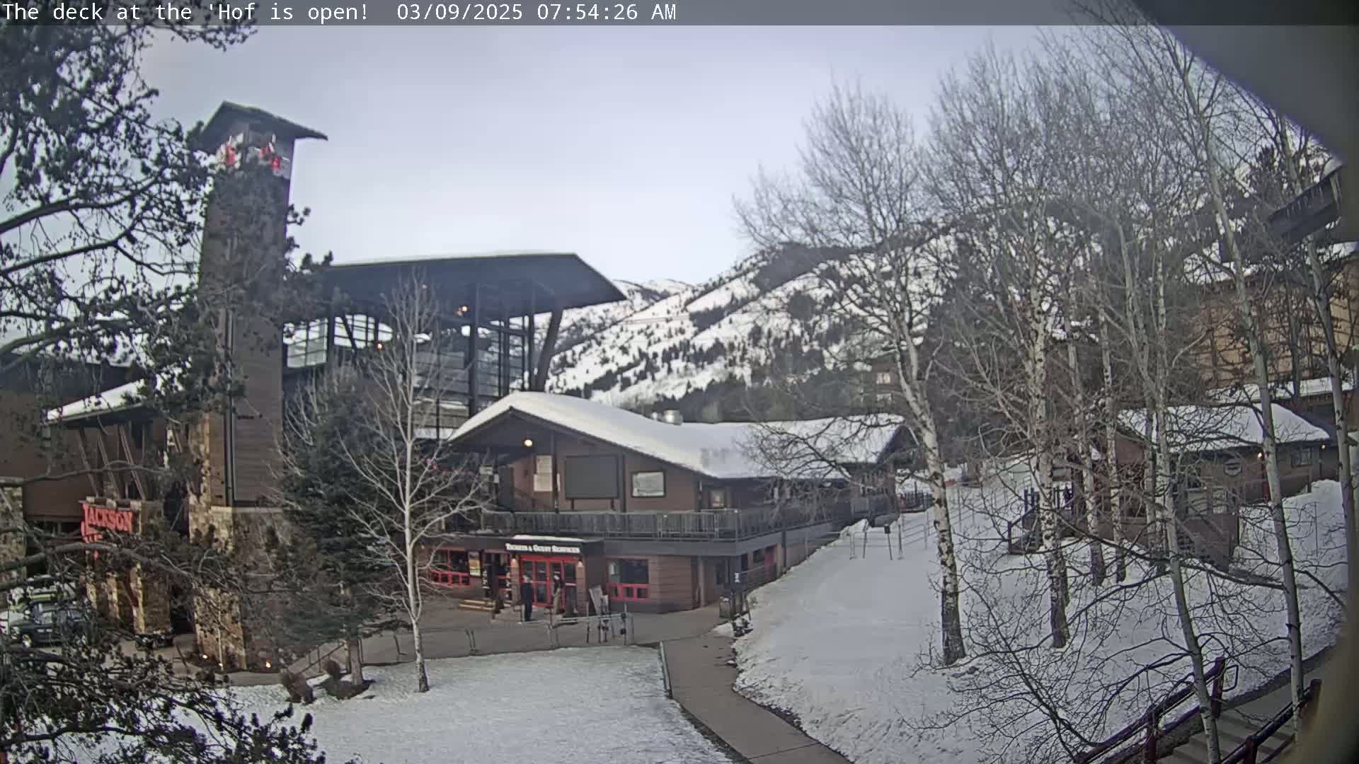 A snow-covered mountainside village with a multi-story building, a smaller building with a deck, and bare trees under a cloudy sky.
