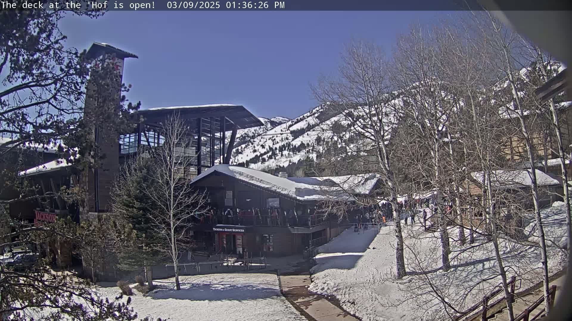 A snow-covered outdoor area with buildings, bare trees, and a partly sunny sky.