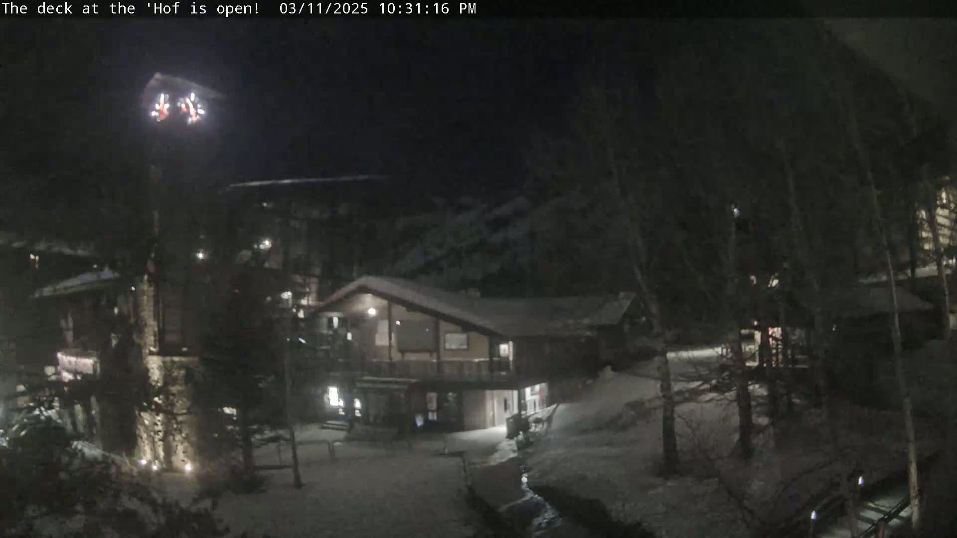A nighttime, snow-covered scene shows a cluster of lit buildings among dark trees.