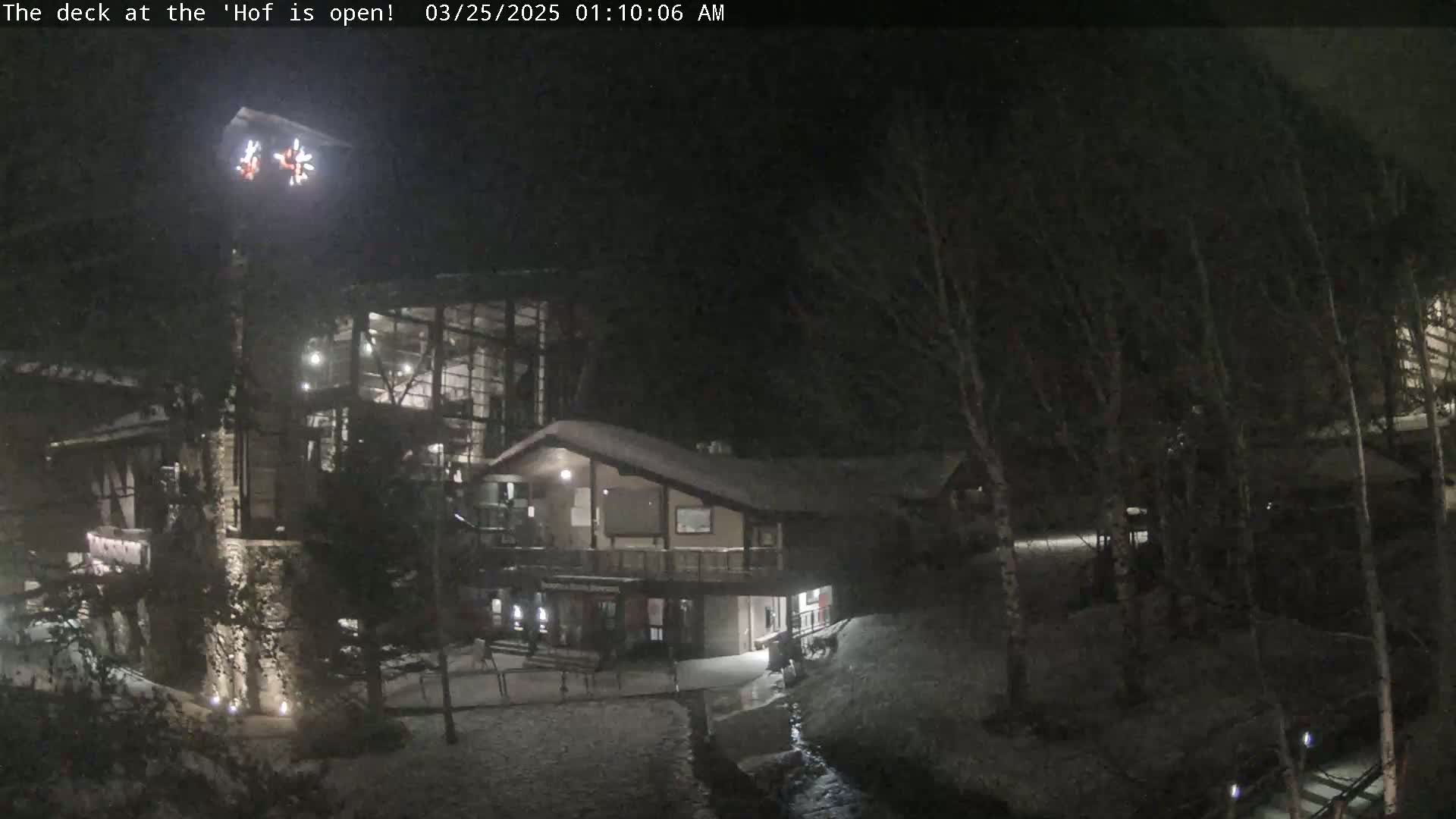 A snow-covered lodge and surrounding woods are visible at night under lightly falling snow.