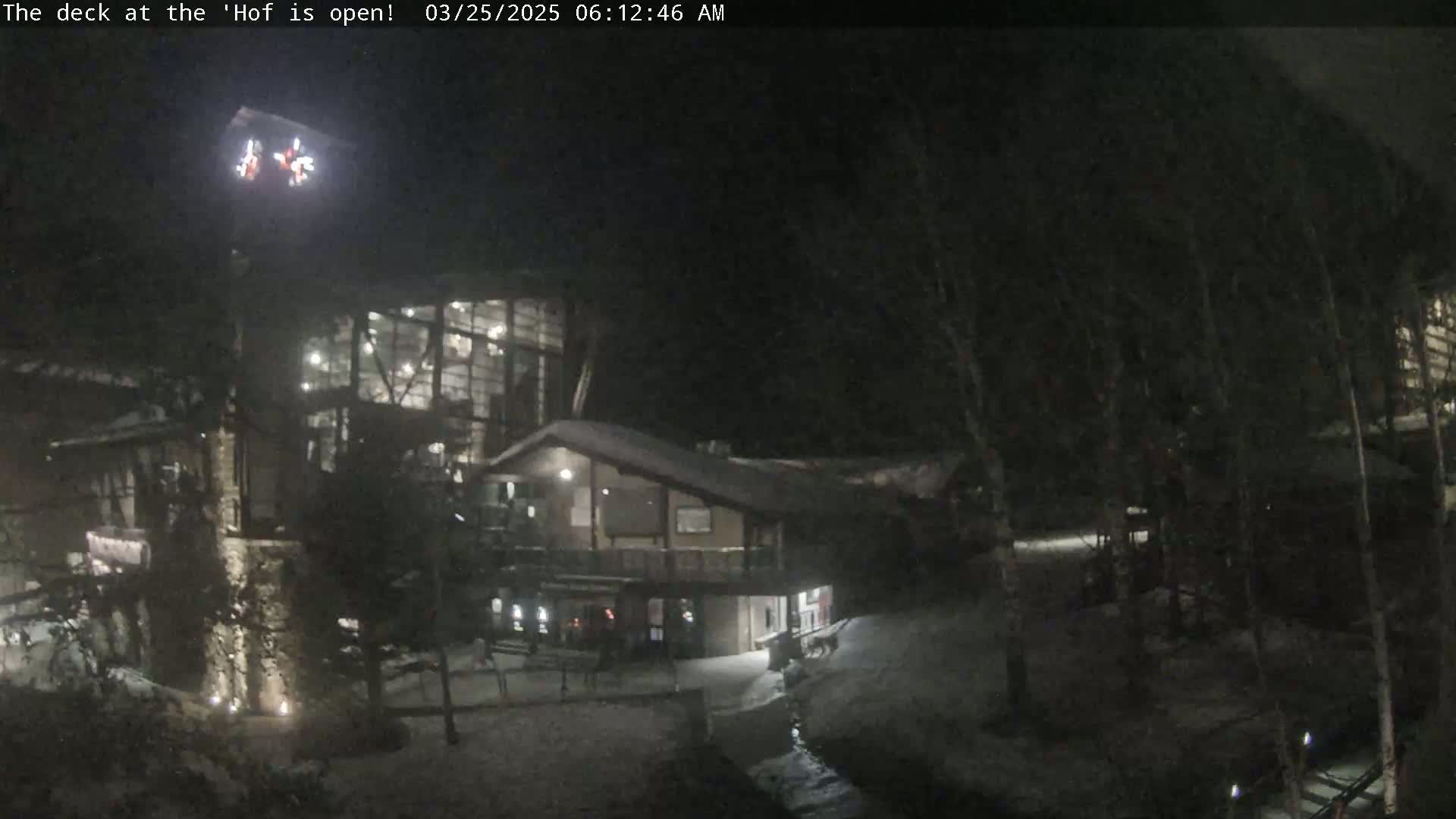 A nighttime view of a snow-covered lodge with illuminated windows, situated amidst dark trees.