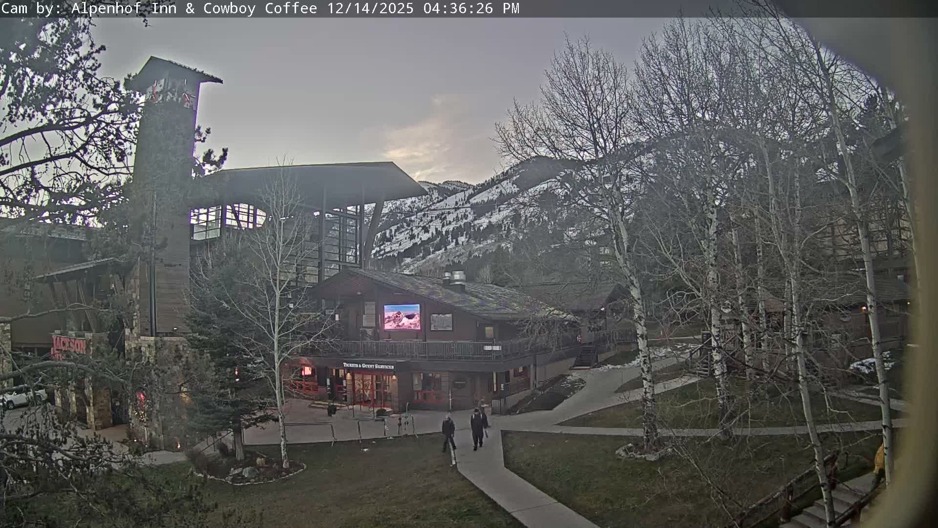 A snowy, winter night reveals a warmly lit lodge or resort, featuring several buildings with snow-covered roofs and grounds, surrounded by trees dusted with snow, under a dark sky with a light snowfall.