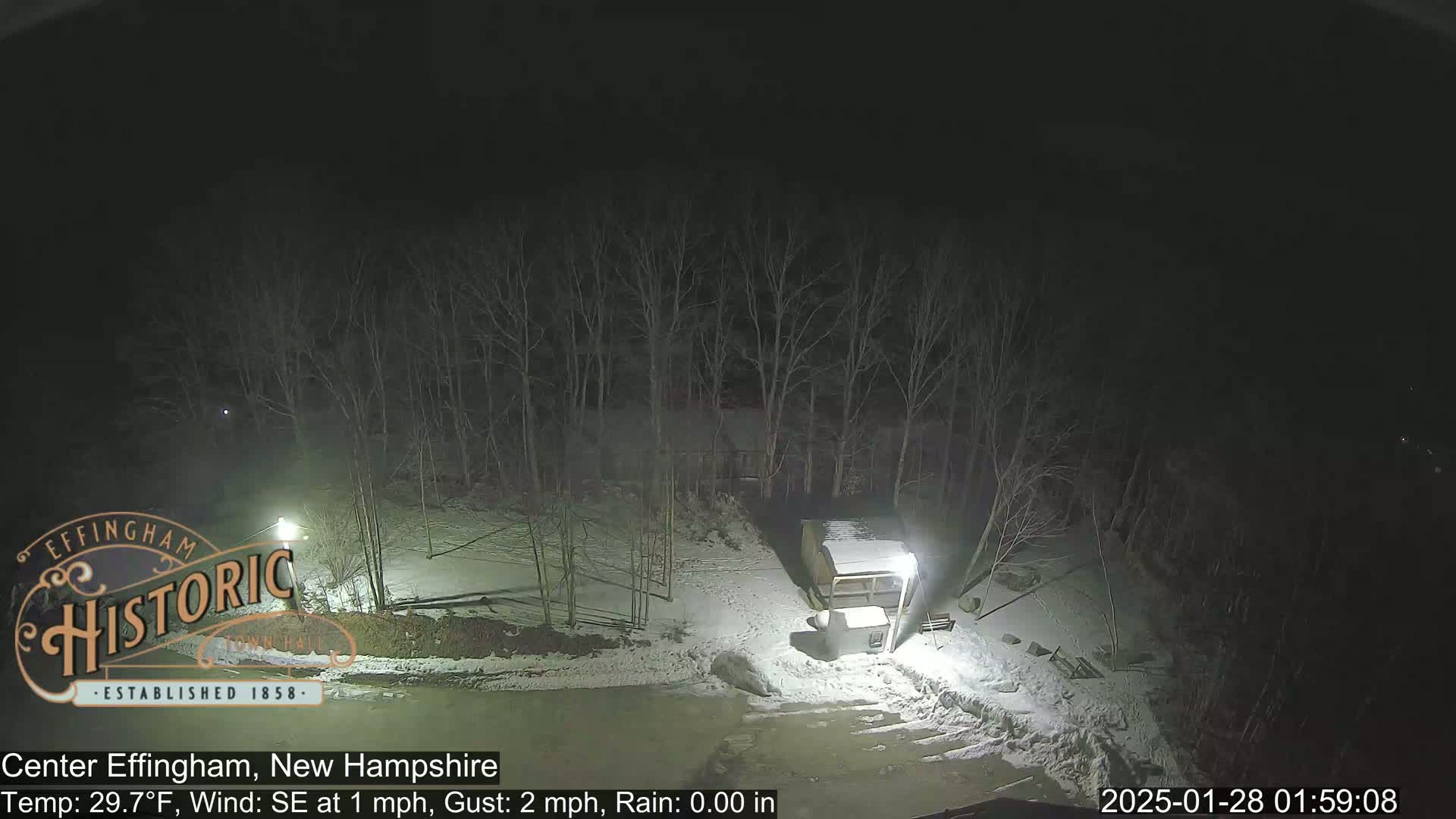 A nighttime view of a snow-covered area with bare trees, a small structure, and light poles, under a dark sky.