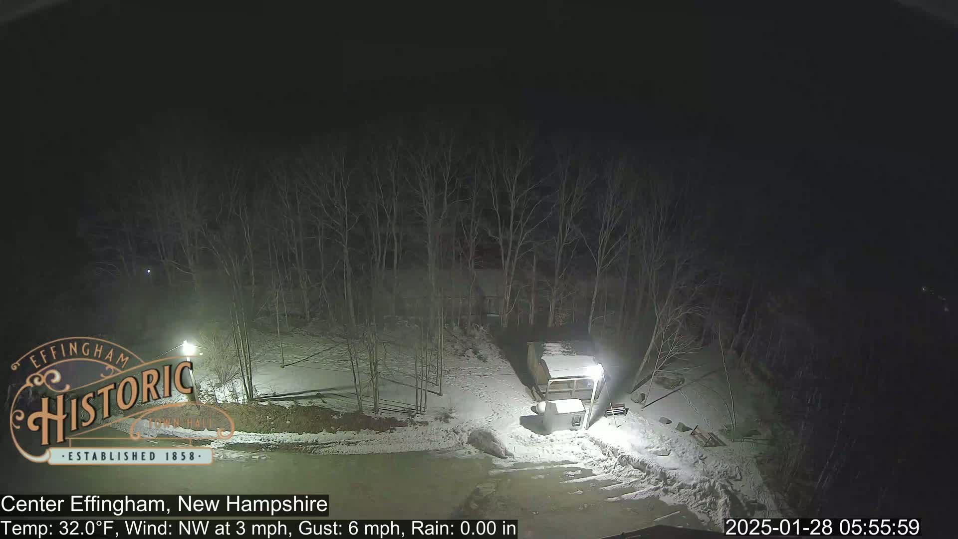 A nighttime scene of a snow-covered area with leafless trees and a small structure under illuminated lamp posts.
