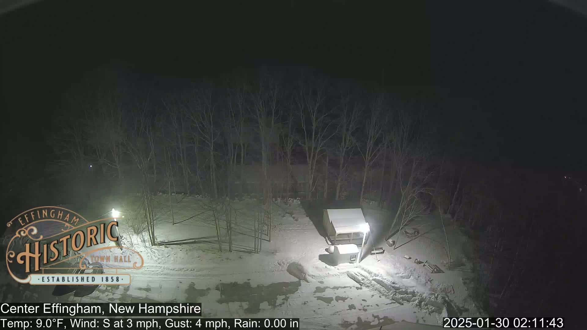 A nighttime, snowy scene shows a small, snow-covered structure and bare trees under a dark sky with a south wind.